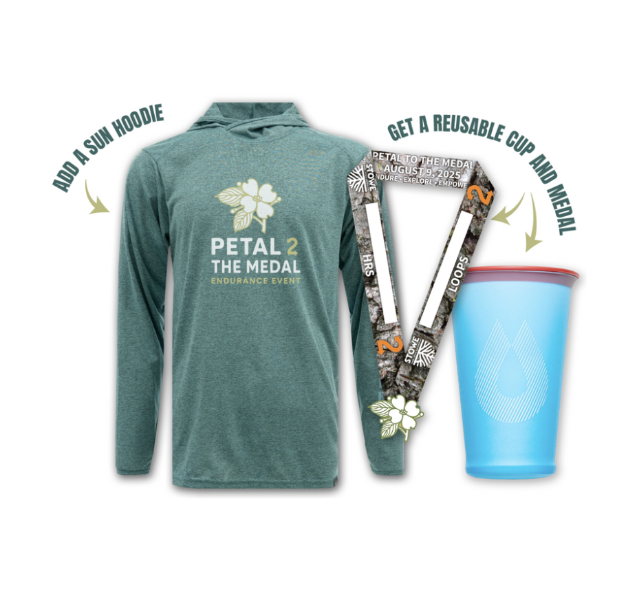 A green sun hoodie, a floral-patterned race medal on a lanyard, and a blue reusable cup. Text reads: "Add a sun hoodie" and "Get a reusable cup and medal" for the Petal 2 the Medal Endurance Event.