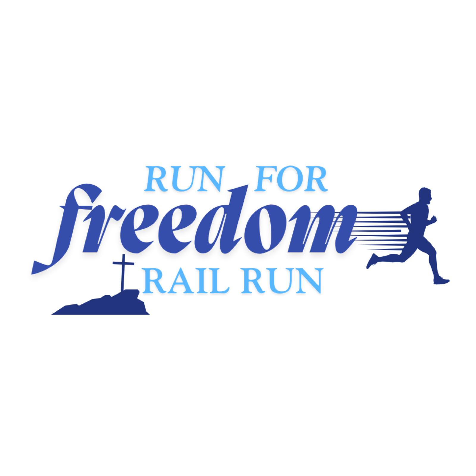 Logo for "Run for Freedom Trail Run" with a silhouette of a runner and a hill with a cross. The word "freedom" is prominent, and blue lines behind the runner suggest motion.
