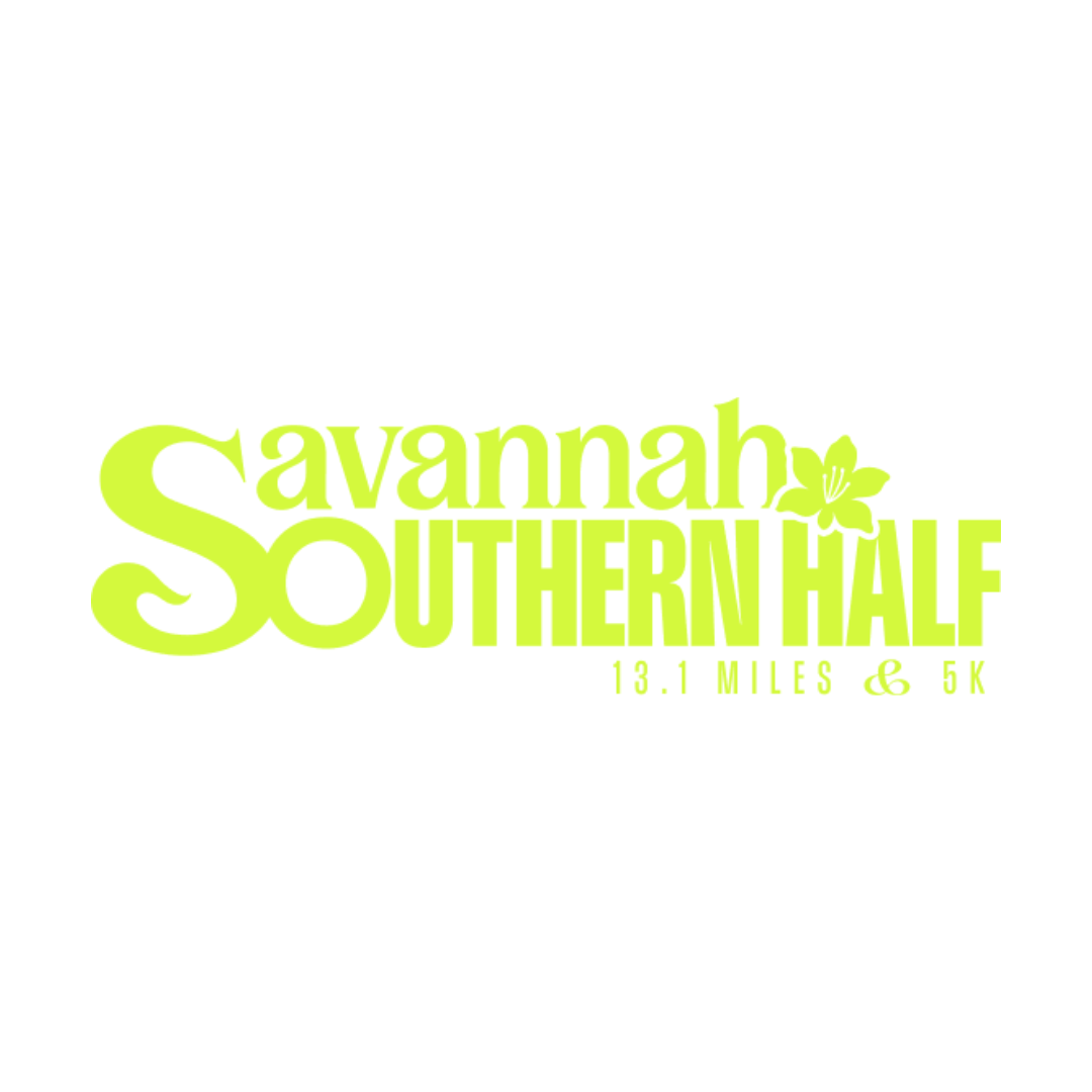 Logo for the Savannah Southern Half event, featuring the text "Savannah Southern Half 13.1 Miles & 5K" in bright yellow-green letters with a flower graphic next to the word "half.