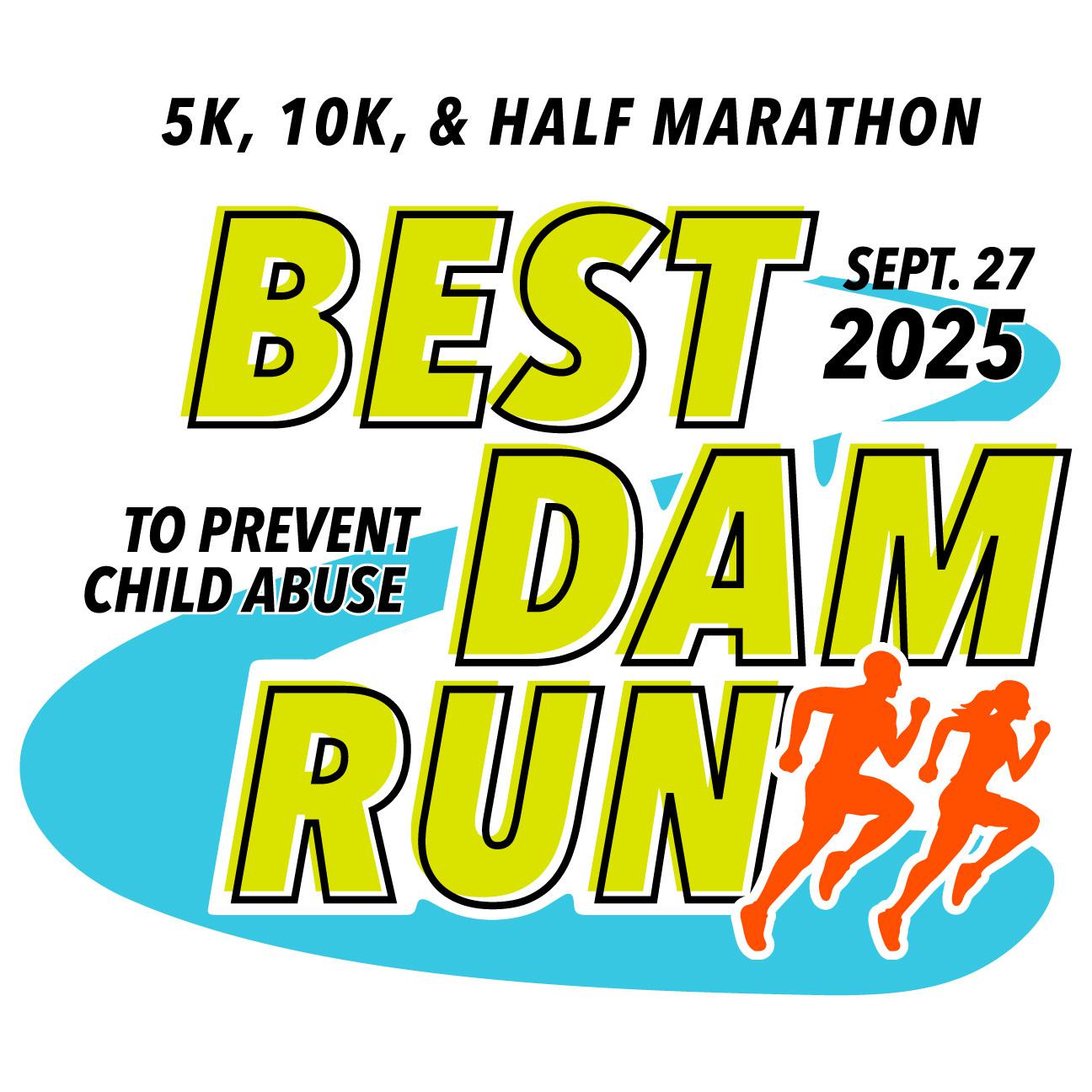 Event logo reading "5K, 10K, & Half Marathon Best Dam Run Sept. 27 2025 To Prevent Child Abuse" with two orange running silhouettes and a blue background shape.
