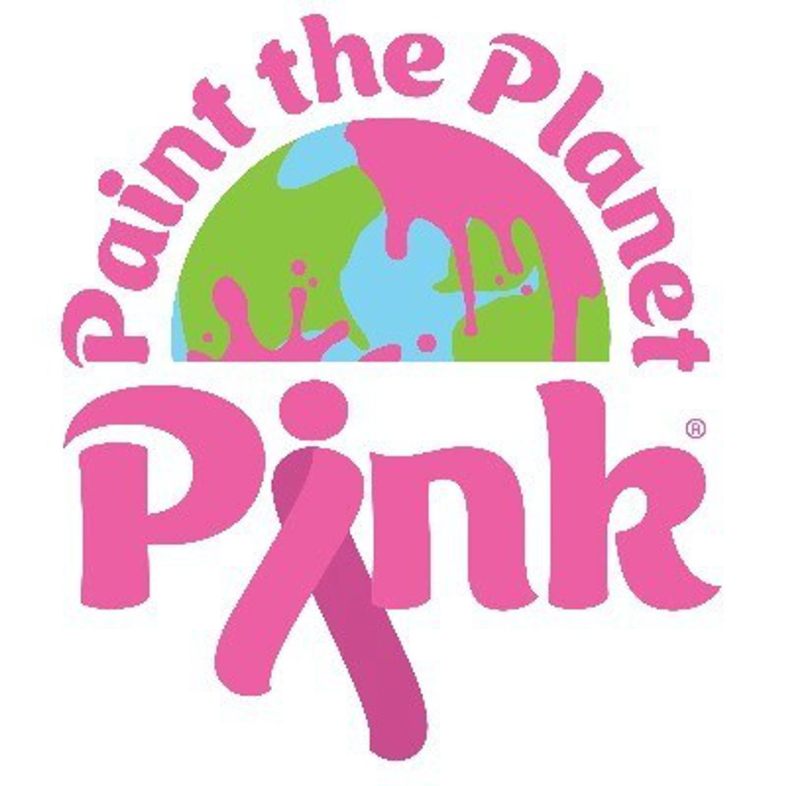 Logo with a green and blue earth splattered with pink paint. Surrounding text reads, "Paint the Planet Pink," with "Pink" written in large pink letters and the "I" formed by a breast cancer awareness ribbon.