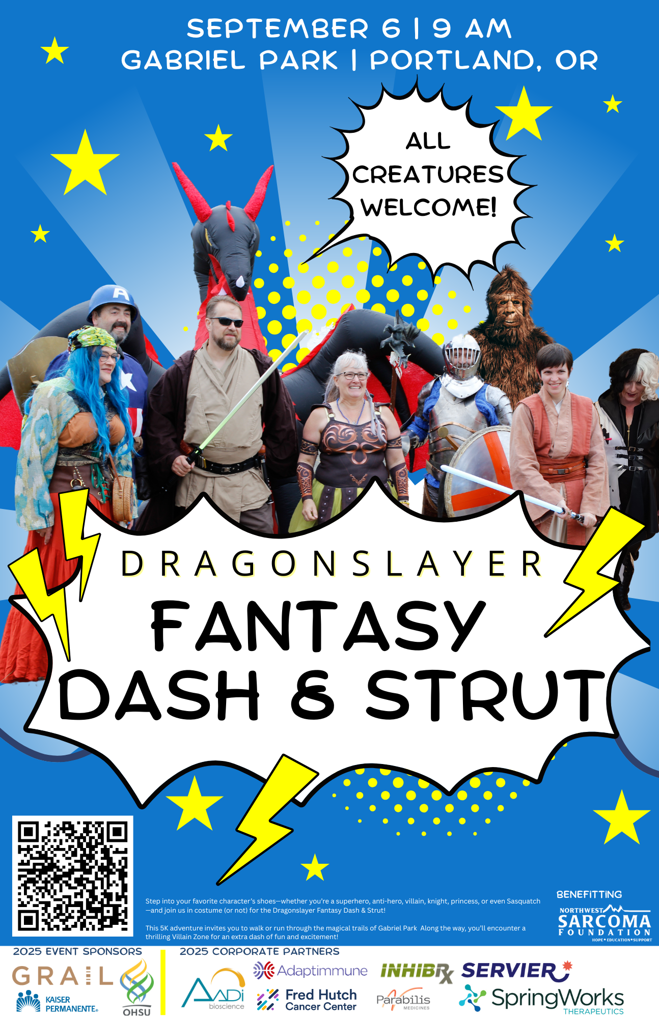 A colorful event poster for the "Dragonslayer Fantasy Dash & Strut" at Gabriel Park, Portland, featuring people in fantasy costumes and a person on a red dragon puppet, with event details and sponsor logos.