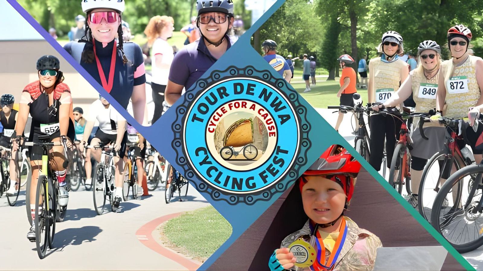 Collage of cyclists at an outdoor event, including adults and a child with a medal. Centered is a “Tour de NWA Cycling Fest: Cycle for a Cause” logo. Participants wear helmets and numbered bibs on a sunny day.