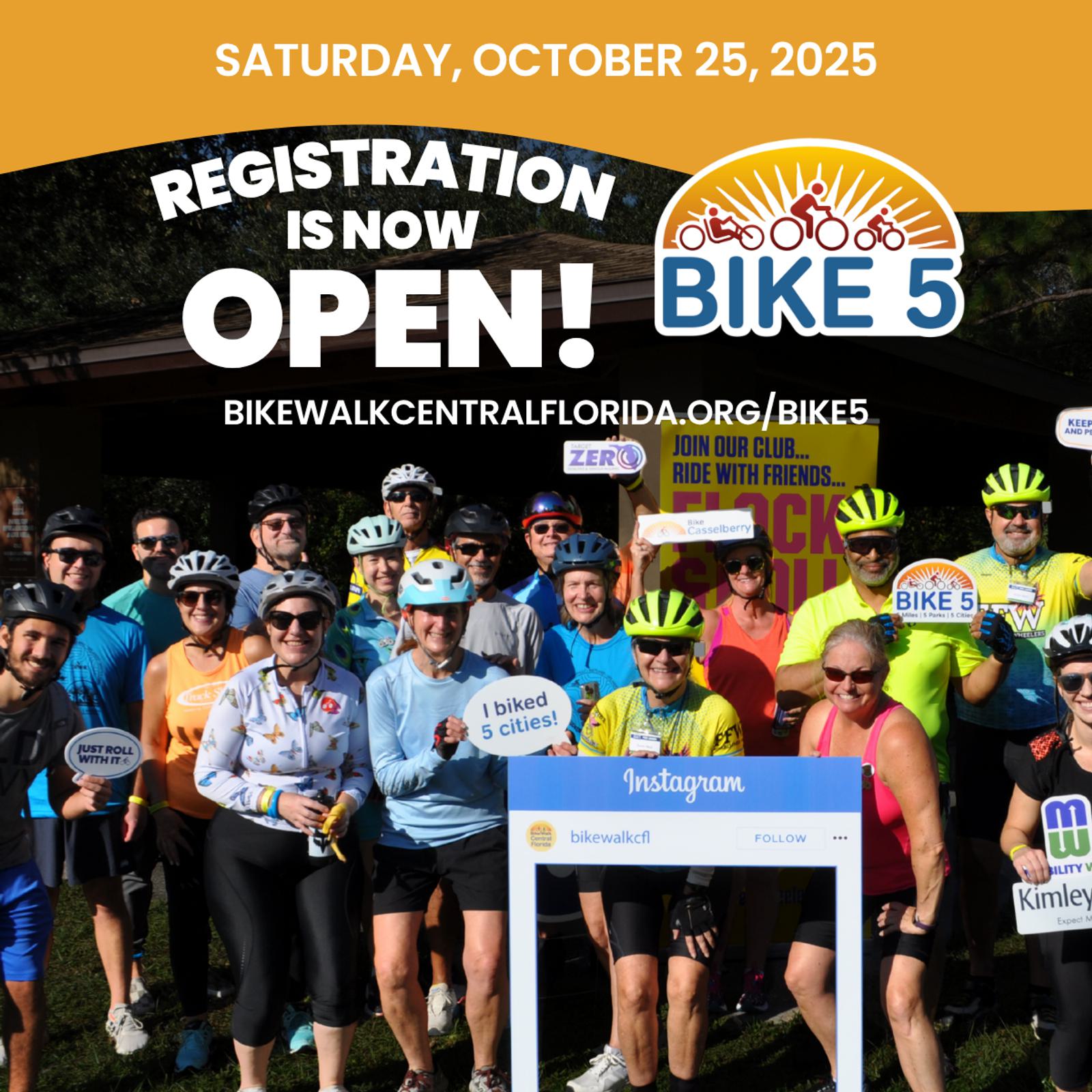 A group of cyclists in colorful gear smile and pose together outdoors, holding signs and an Instagram frame. Text above announces "Bike 5" event registration is open for October 25, 2025.
