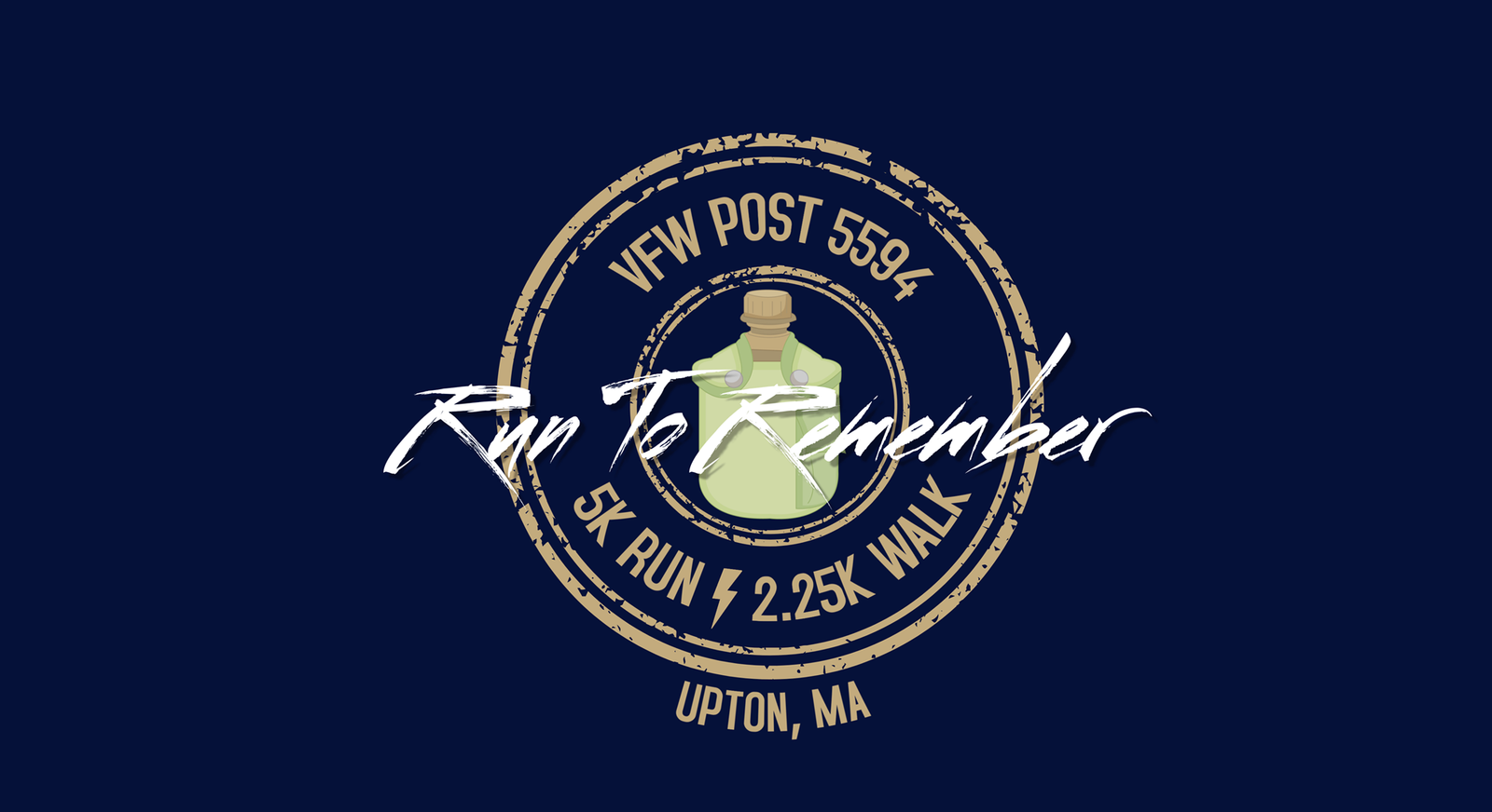Circular emblem with a vintage look, featuring a green bottle in the center. Text reads: "VFW Post 5594 Run To Remember 5K Run / 2.25K Walk Upton, MA" on a dark blue background.