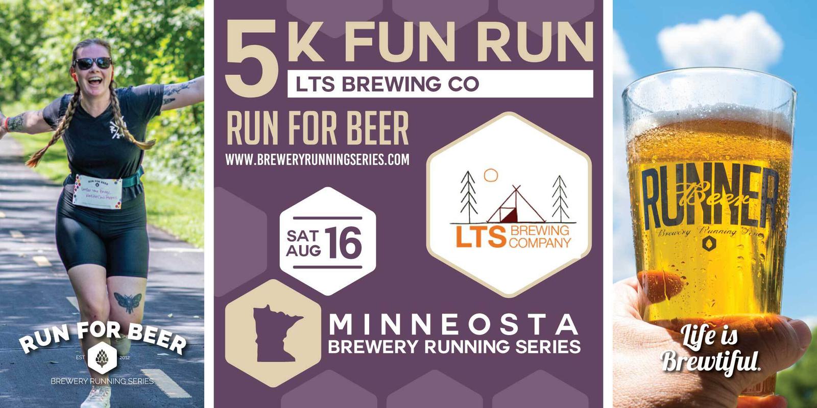 Collage with: a smiling woman running, a 5k fun run event poster for LTS Brewing Co. on August 16, and a close-up of a beer glass labeled "Runner Beer" with the text "Life is Brewtiful.