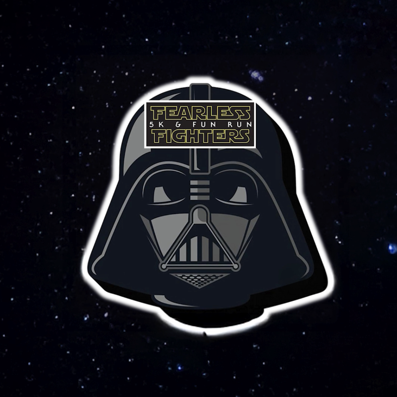 A stylized Darth Vader helmet with the words "Fearless Fighters 5K & Fun Run" on the forehead, set against a starry night sky background.