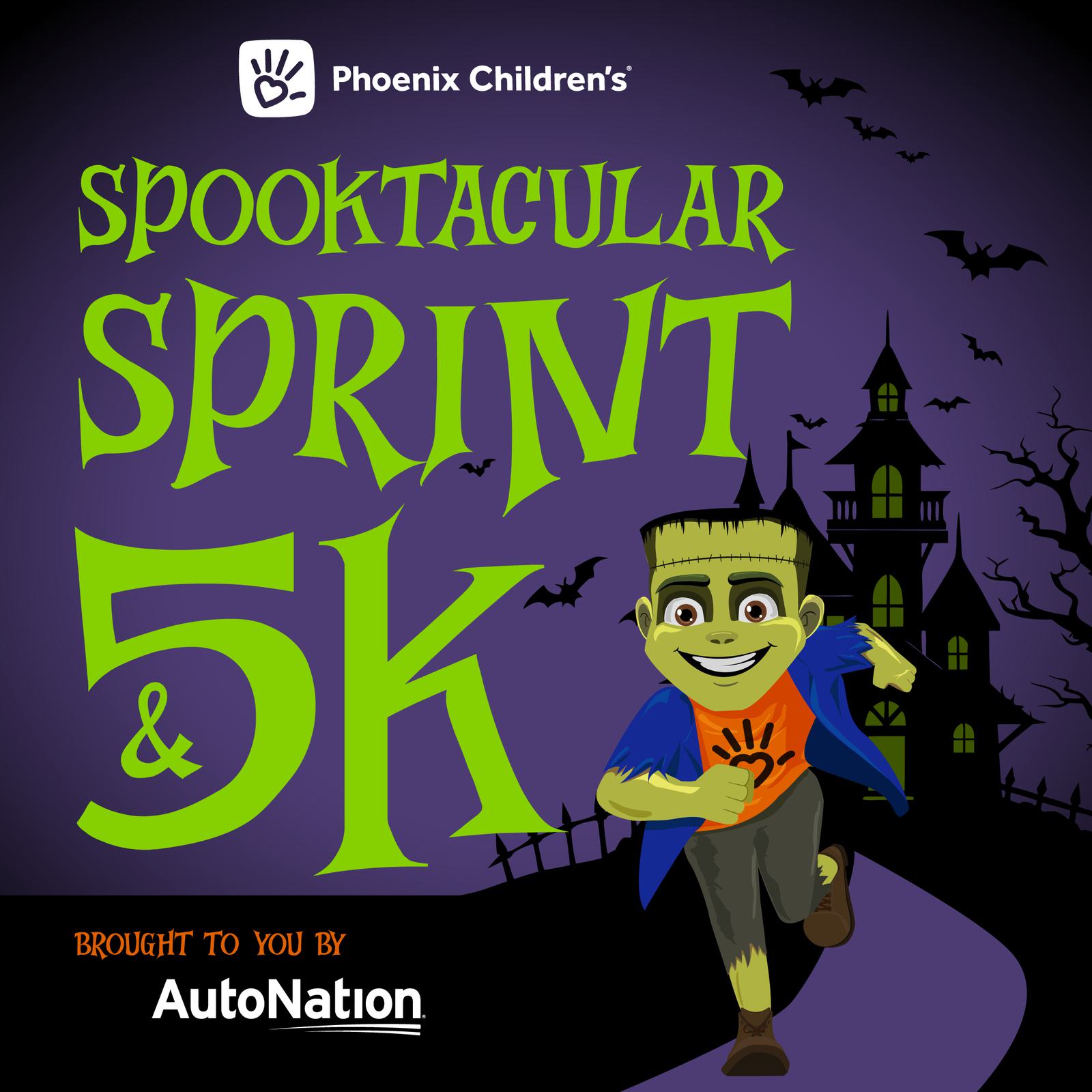 A cartoon Frankenstein runs on a path toward a spooky haunted house with bats flying above. Text reads: "Phoenix Children’s Spooktacular Sprint & 5K. Brought to you by AutoNation.
