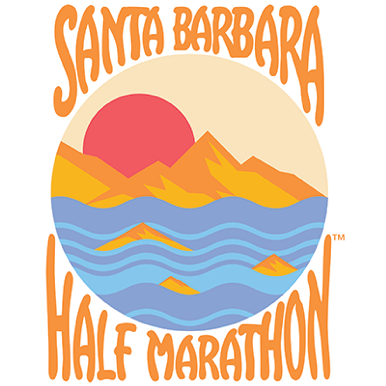 Logo for the Santa Barbara Half Marathon featuring stylized orange mountains, a red sun, and blue waves, with the event name in large orange letters above and below the image.