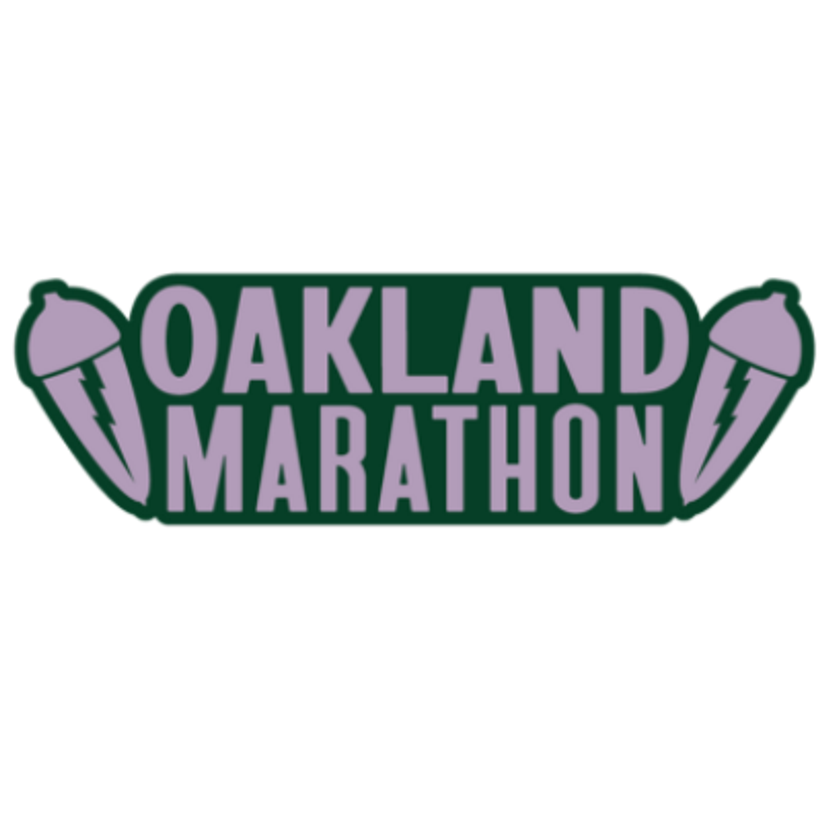 Logo for the Oakland Marathon featuring bold purple text "OAKLAND MARATHON" with two purple torch icons, each containing a lightning bolt, on either side of the text.