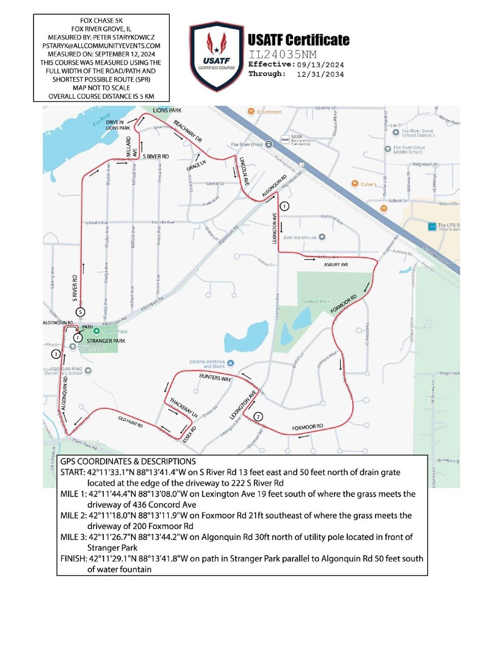 A map showing the certified course route for the Fox Chase 5K in St. Charles, IL, with marked turns, mile points, starting, and finishing locations, overlaid on local streets and park paths.