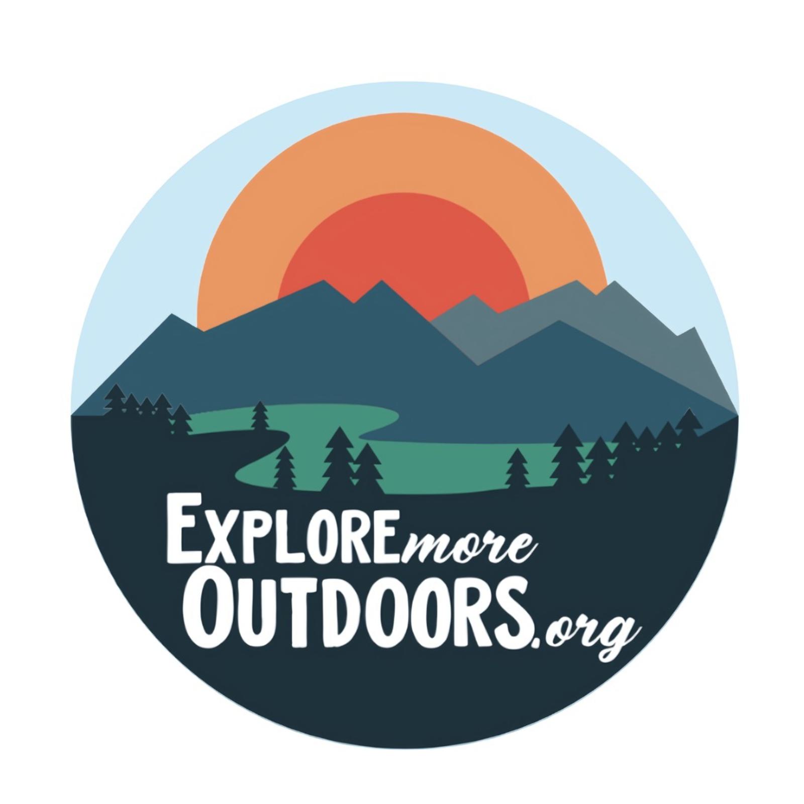 Circular logo with mountains, trees, a winding river, and a red-orange sun in the background. Text reads "Explore more Outdoors.org" in white letters at the bottom.