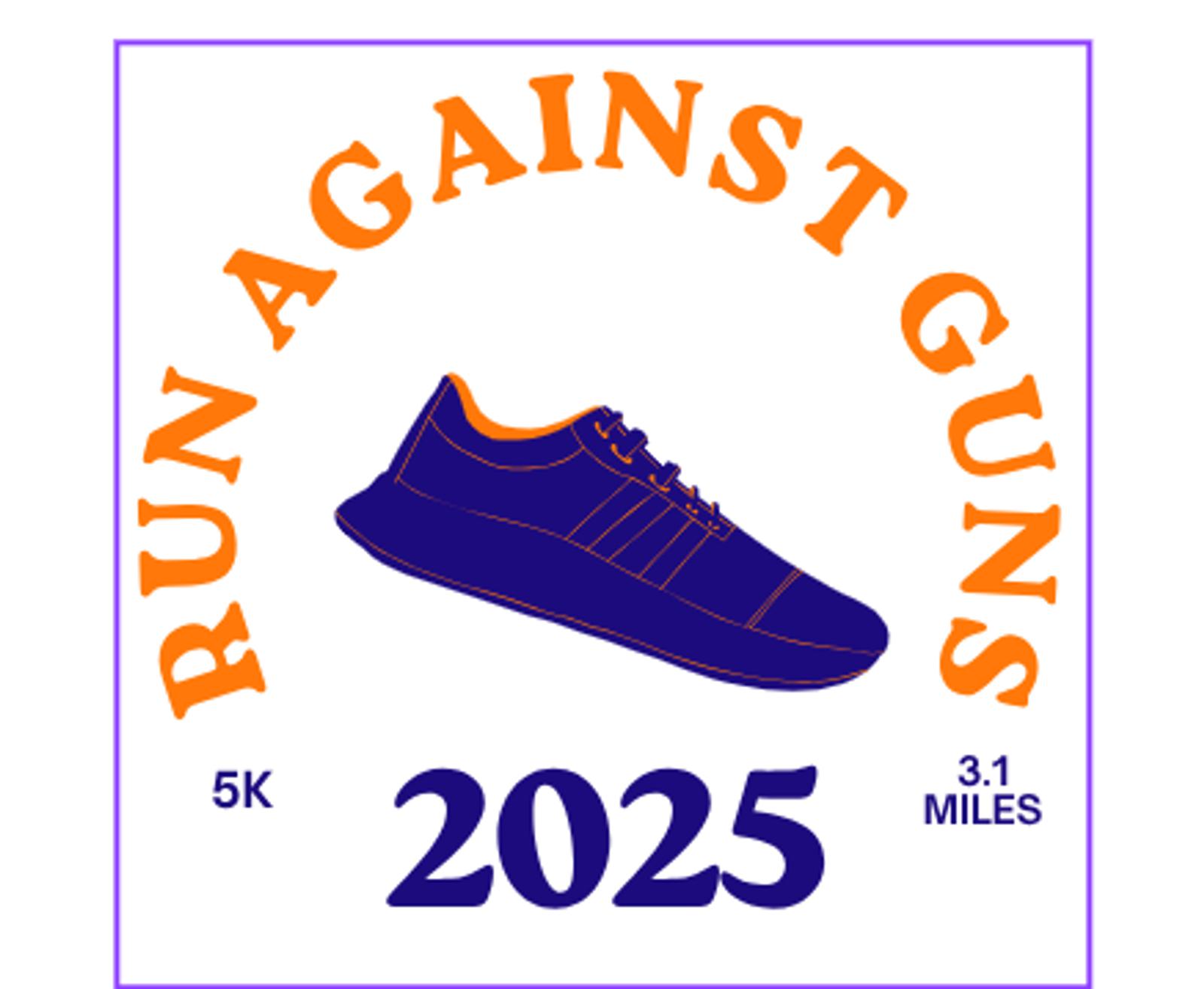 Logo for "Run Against Guns 2025" featuring a purple running shoe in the center, orange curved text above, and "5K 3.1 Miles" below indicating the race distance.