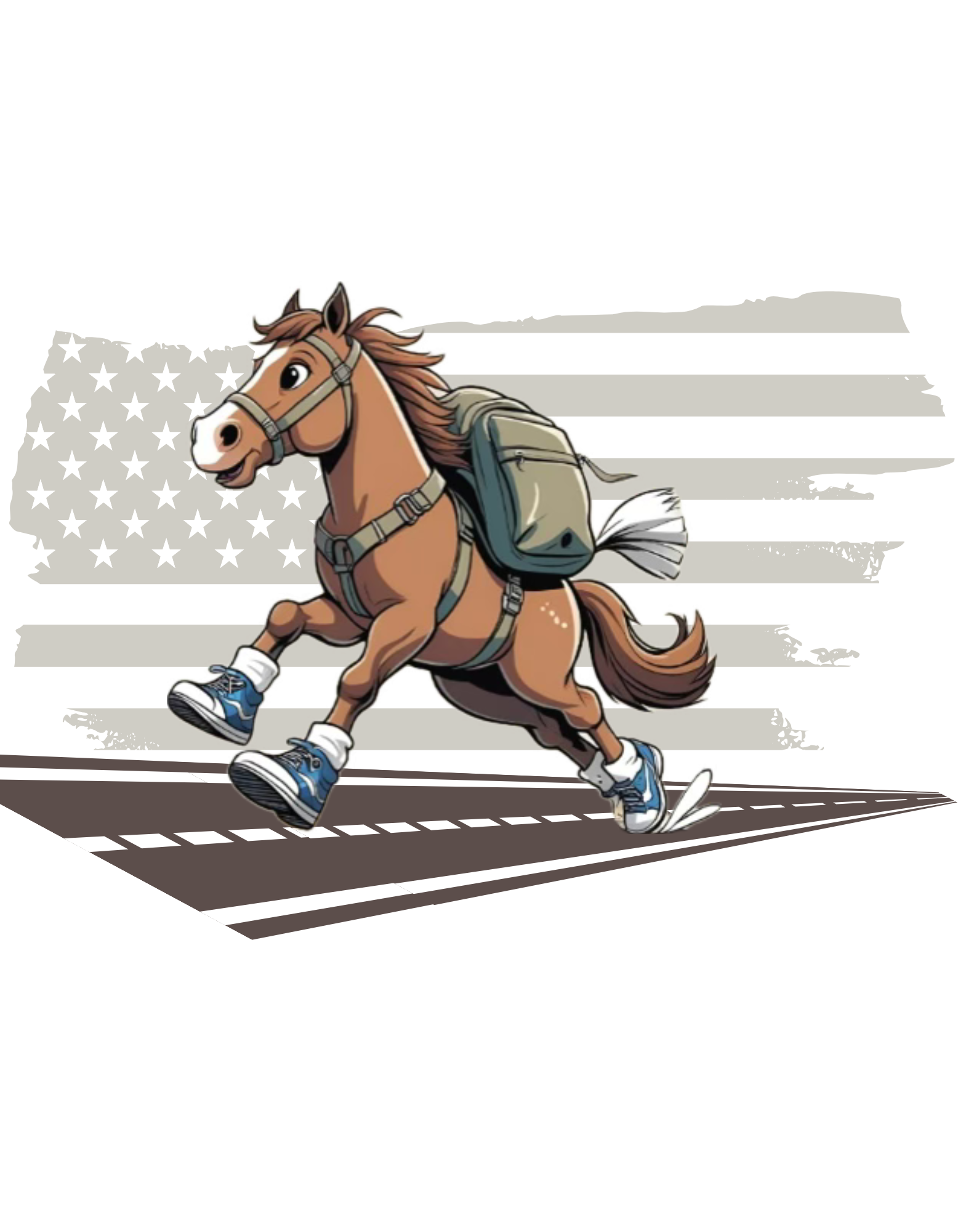 A cartoon horse wearing sneakers and a backpack jogs on a road, with a stylized American flag in the background.
