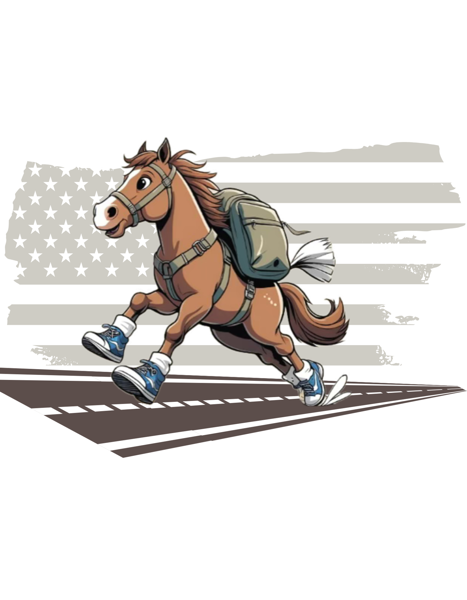 A cartoon horse wearing sneakers and a backpack jogs on a road, with a stylized American flag in the background.