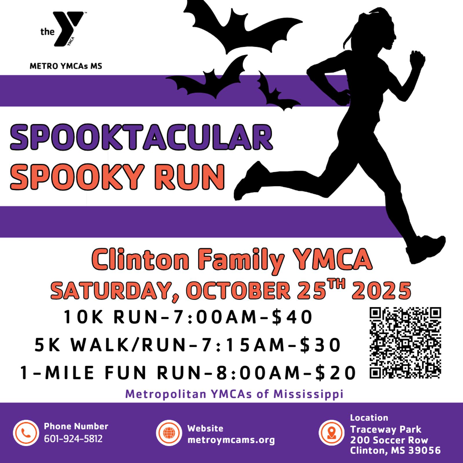 Flyer for "Spooktacular Spooky Run" at Clinton Family YMCA on October 25, 2025, listing 10K, 5K, and 1-mile runs with prices; includes a running silhouette, contact info, and a QR code.