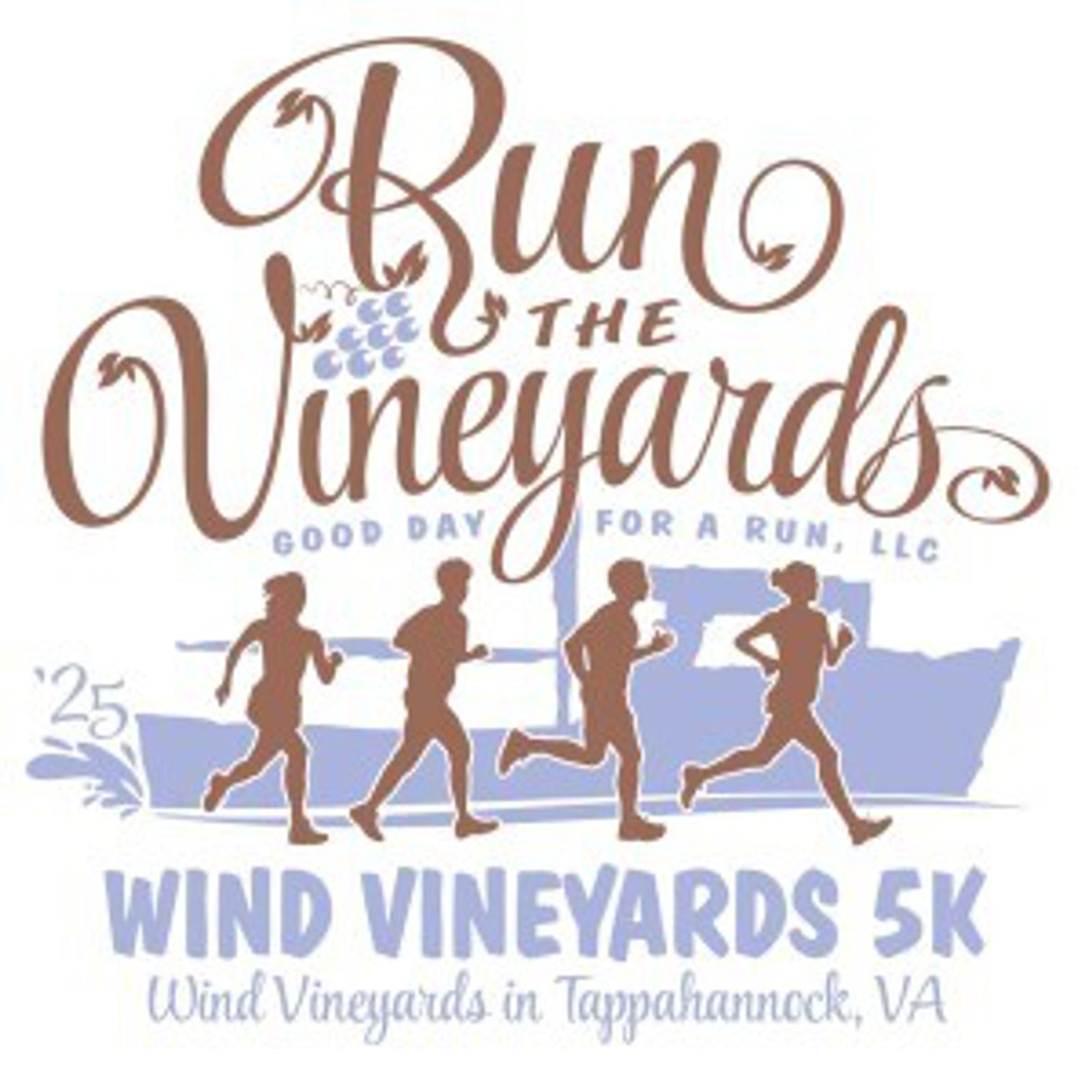 Logo for "Run the Vineyards Wind Vineyards 5K" shows four runners silhouetted in front of a boat, with grapes incorporated into the text. Location: Wind Vineyards in Tappahannock, VA.
