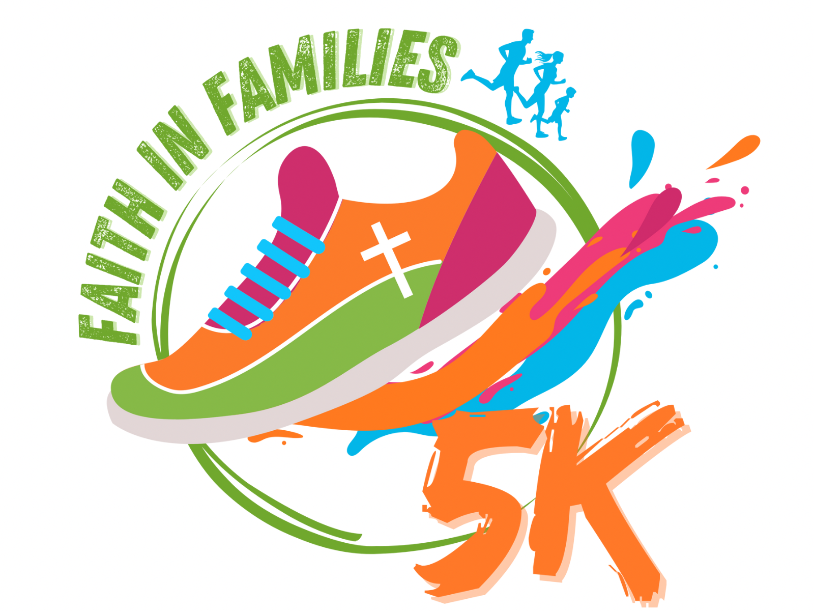 Colorful graphic logo for "Faith in Families 5K," featuring an orange running shoe with a white cross, splashes of blue and pink, and silhouettes of a family running together in the background.