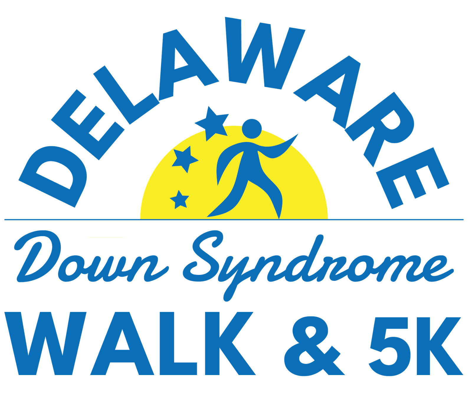 Logo for the Delaware Down Syndrome Walk & 5K, featuring a blue figure walking with stars and a yellow sun in the background, with event name in bold blue and script fonts.