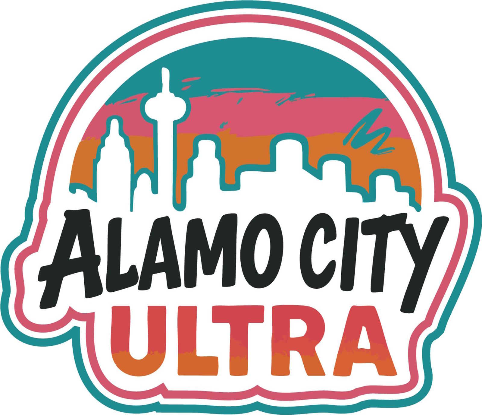 Logo with a colorful sunset sky and white city skyline silhouette, featuring bold black text "Alamo City" above large orange text "ULTRA." The design is outlined in teal and pink.
