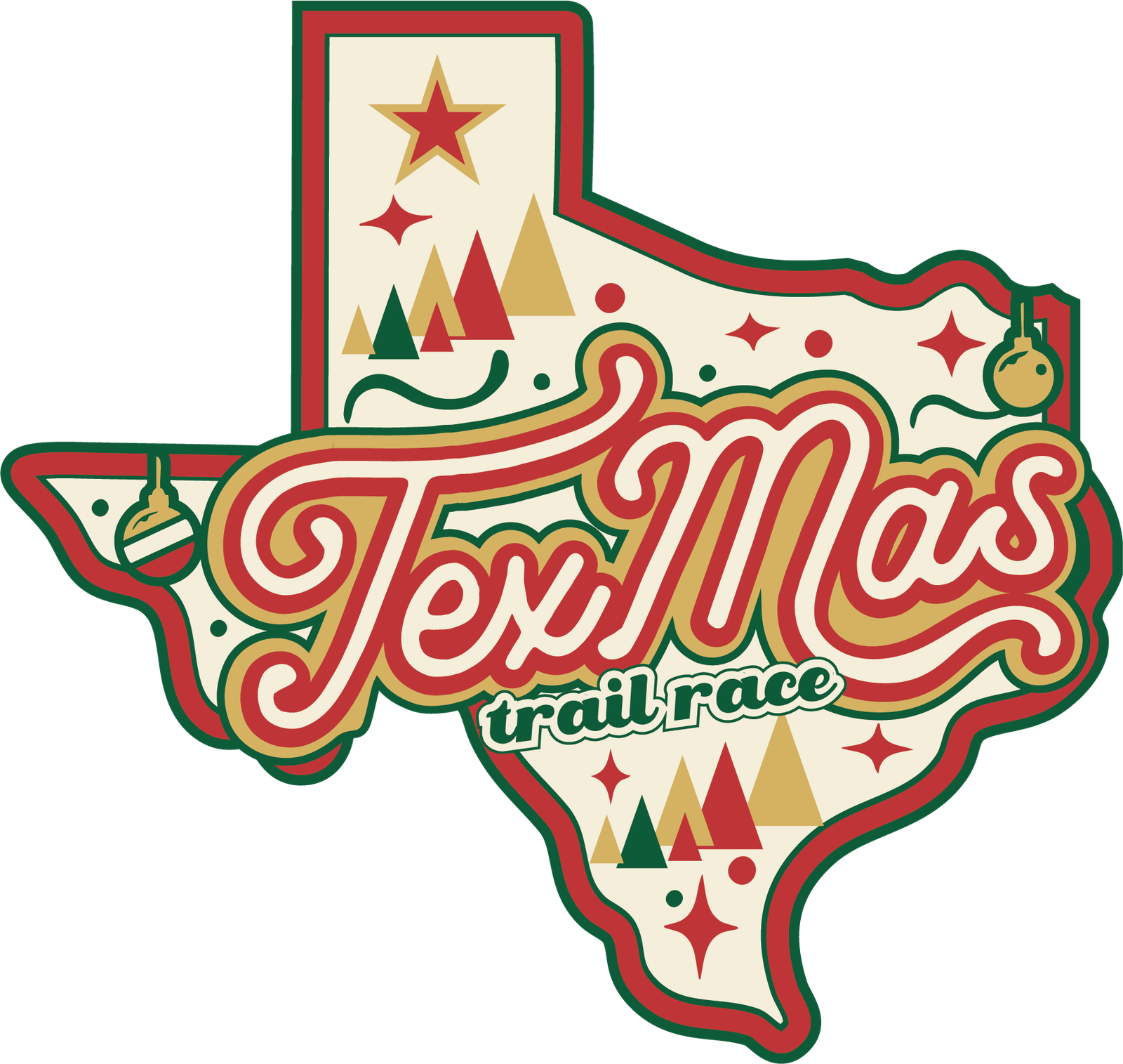 Map of Texas decorated with Christmas trees, ornaments, and stars. The words “TexMas trail race” are written in festive red and green script across the state outline.