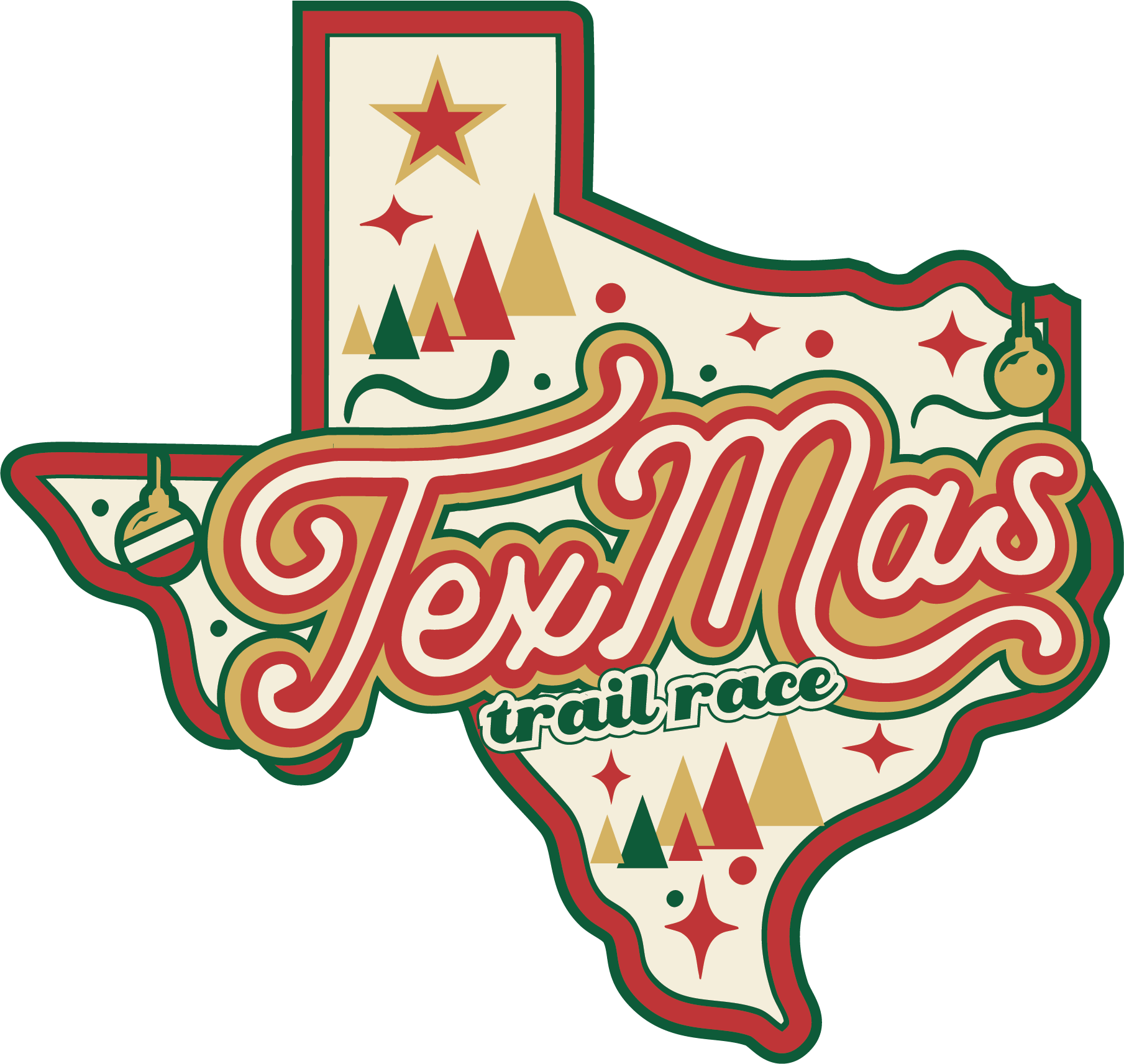 Map of Texas decorated with Christmas trees, ornaments, and stars. The words “TexMas trail race” are written in festive red and green script across the state outline.