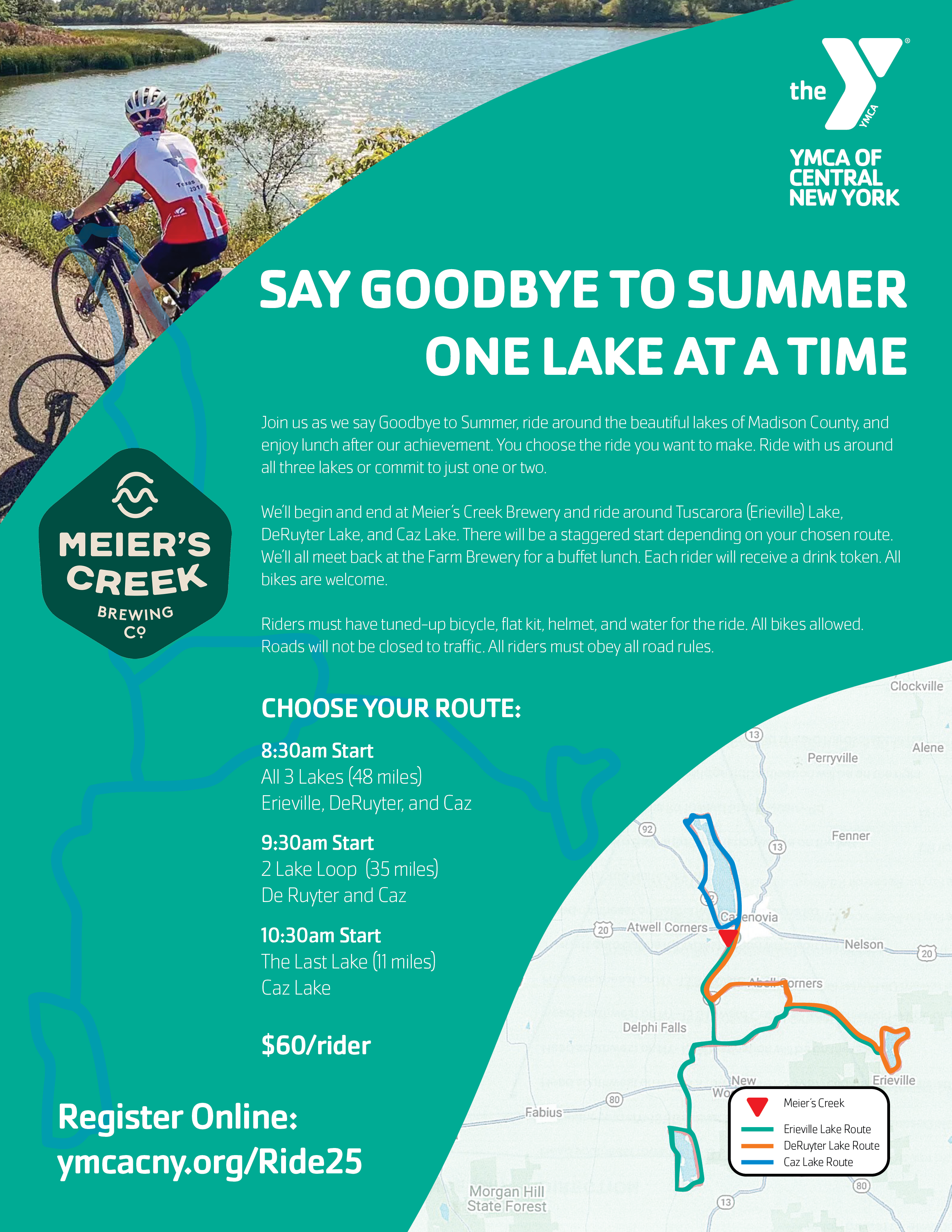 A cyclist rides along a lakeside trail. Overlaid text promotes a YMCA cycling event, βSay Goodbye to Summer One Lake at a Time,β with route details, start times, Meierβs Creek Brewing Co. logo, and registration information.