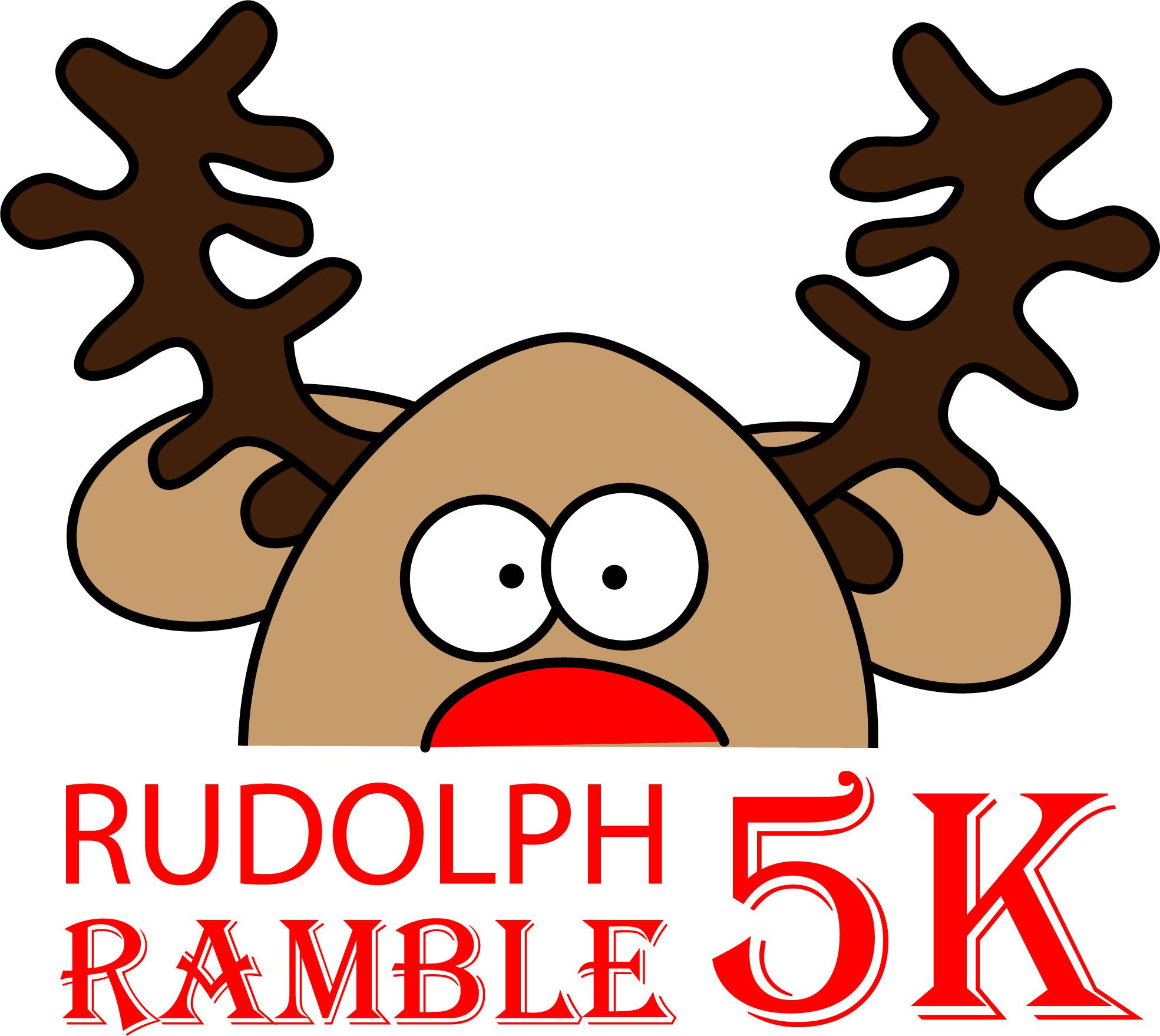 Cartoon reindeer with large antlers and a red nose above text that reads "Rudolph Ramble 5K" in bold, festive red letters.