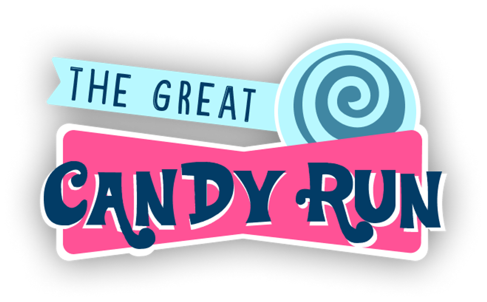 Logo for "The Great Candy Run" featuring bold navy text on a bright pink background with a blue swirl candy illustration and a light blue banner above the word "CANDY.