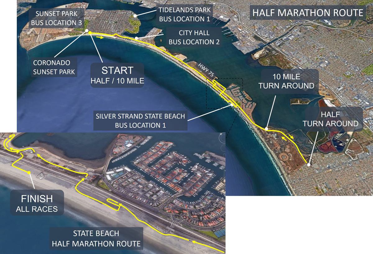 Silver Strand Half Marathon, 10 Mile, 12K, & 5K - San Diego course map