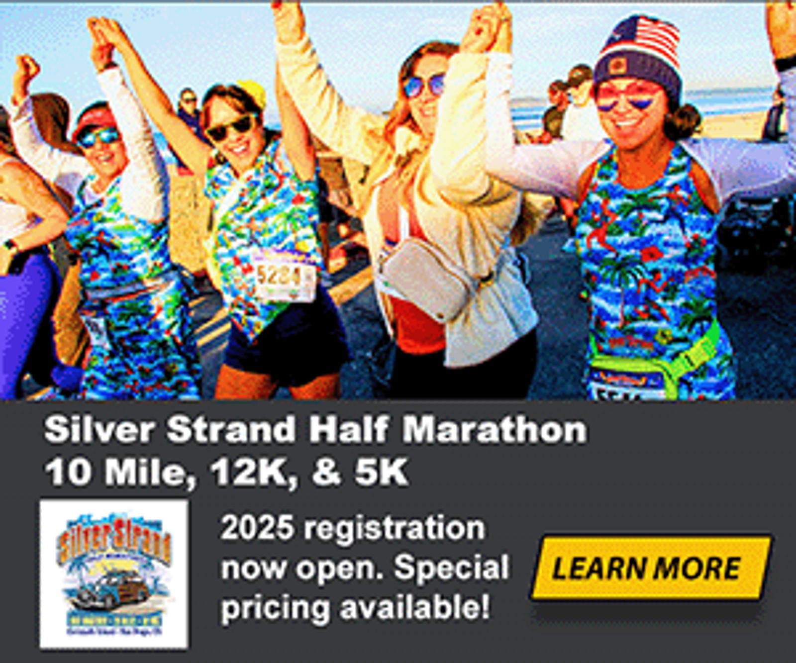 Four women in colorful athletic outfits smile and pose with arms raised at the start of a race. Text promotes the Silver Strand Half Marathon, 10 Mile, 12K, & 5K, with 2025 registration now open.