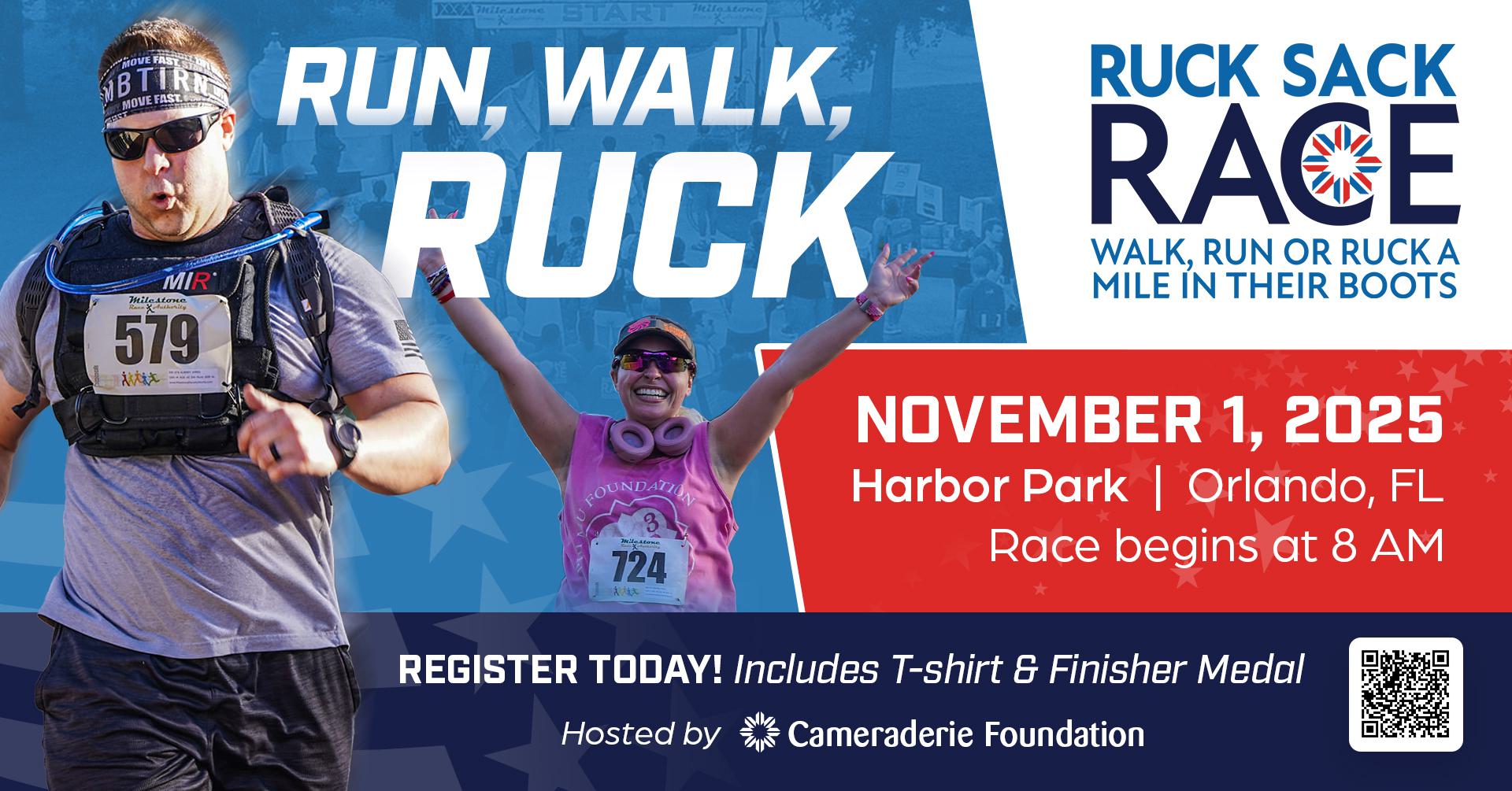 A man and woman participate in a race wearing race bibs, running outdoors. Text promotes the "Ruck Sack Race" on November 1, 2025 at Harbor Park, Orlando, FL, starting at 8 AM. Registration includes a T-shirt and medal.
