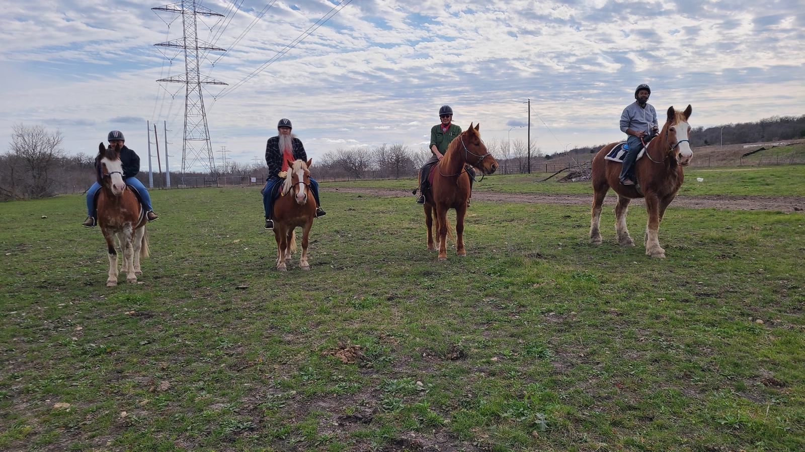 Four people wearing helmets ride horses on a grassy field under a cloudy sky, with power lines and bare trees in the background.