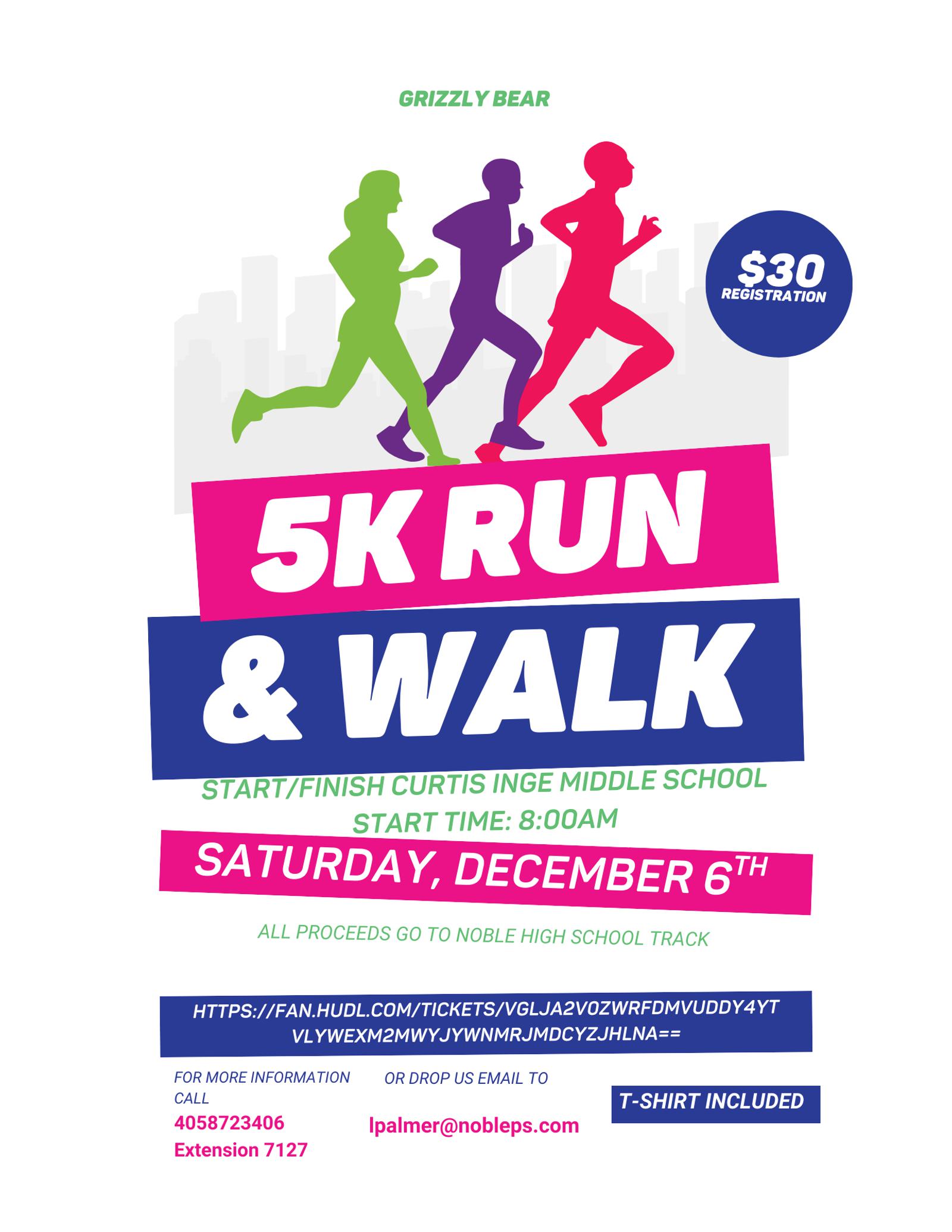 Digital flyer for a 5K Run & Walk event, featuring silhouettes of three runners, event details, a $30 registration fee, and contact info. The event occurs on Saturday, December 6th at Curtis Inge Middle School, starting at 8:00 am.