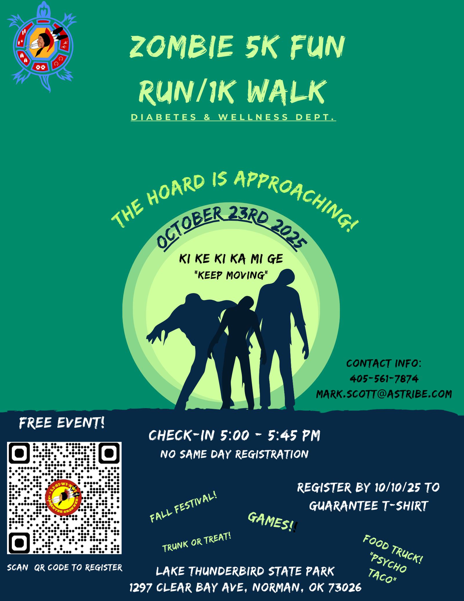 Colorful flyer for "Zombie 5K Fun Run/1K Walk" on October 23, 2025, at Lake Thunderbird State Park, featuring a running zombie silhouette, event details, QR code, and food truck information.