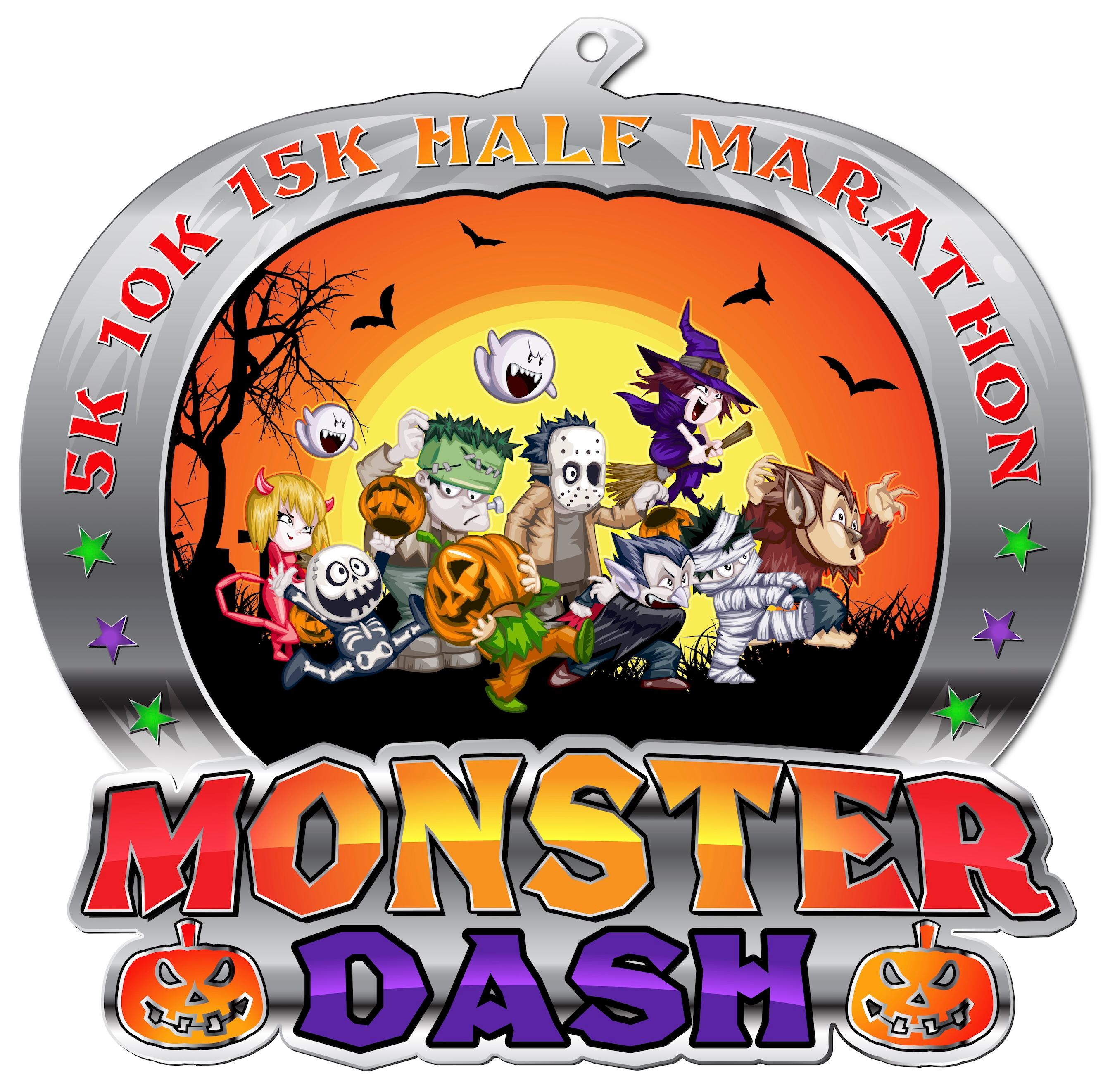 Cartoon monsters in costumes run with jack-o'-lanterns against an orange sunset with bats and ghosts. Text reads β5K 10K 15K HALF MARATHONβ and βMONSTER DASH.β The border is shaped like a pumpkin.