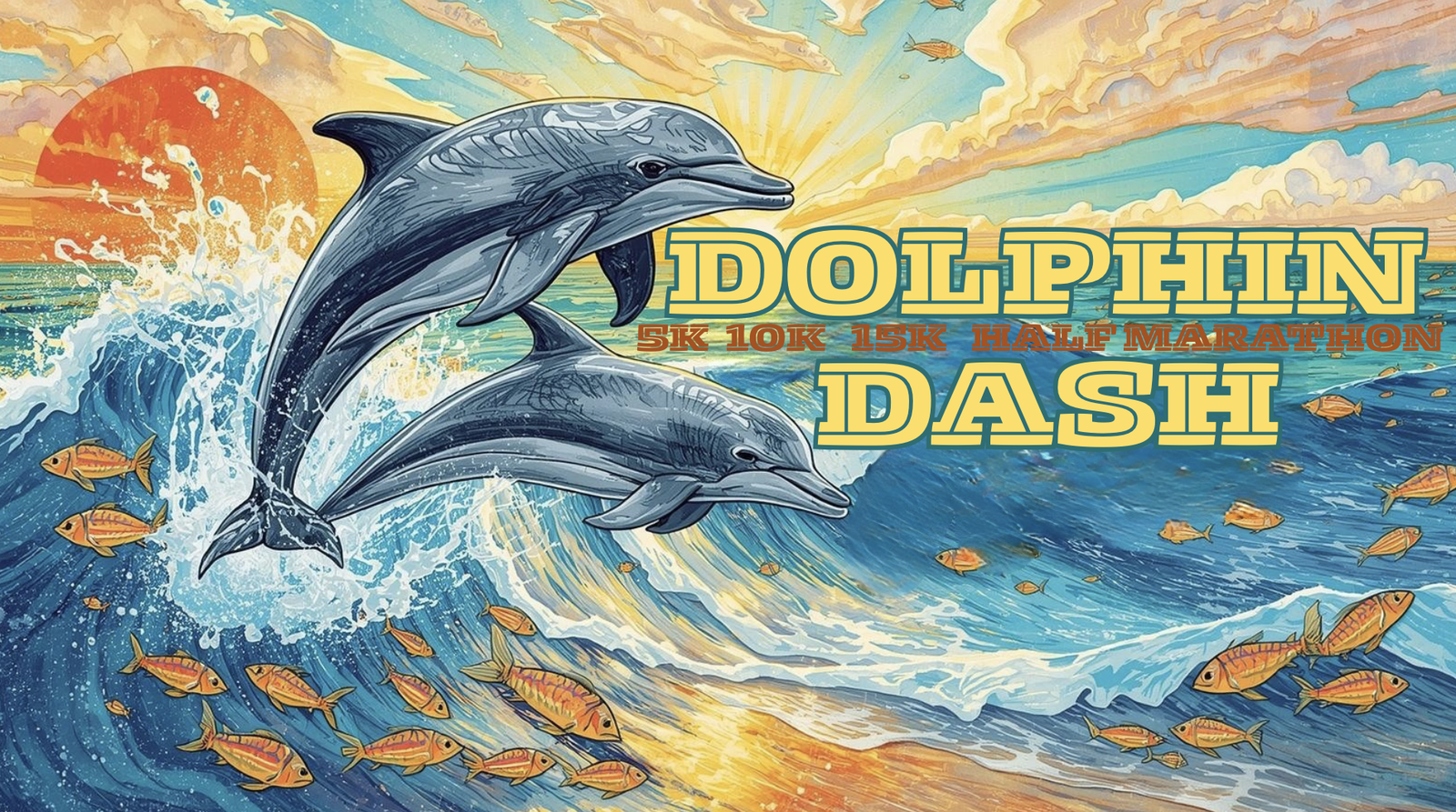 Two dolphins leap from ocean waves at sunrise, surrounded by swimming fish. Bold text reads: "Dolphin Dash 5K 10K 15K Half Marathon." The scene is colorful and energetic, with vibrant sky and water details.