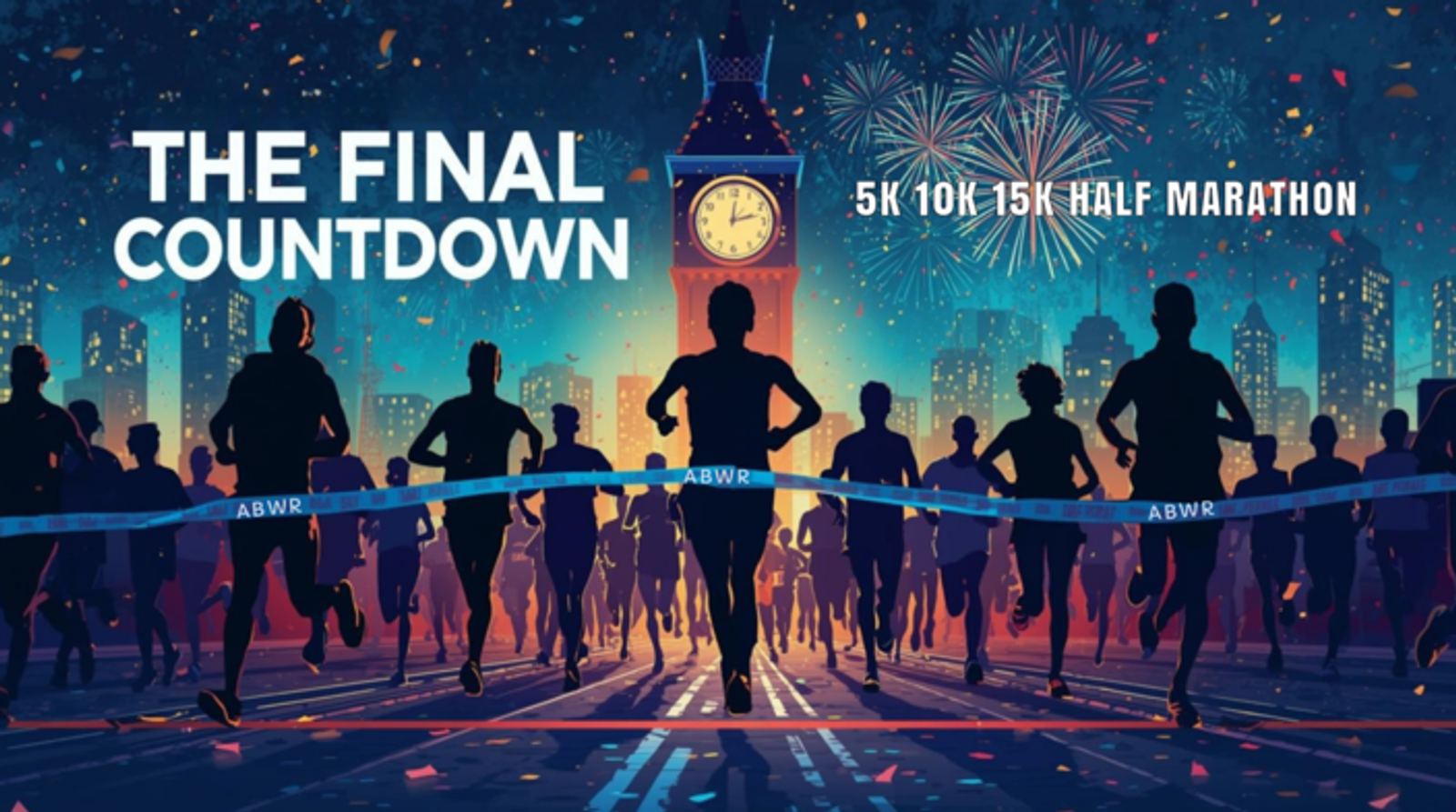 A crowd of runners crosses a finish line at night in a city, with fireworks, confetti, and a large clock tower in the background. Text reads "The Final Countdown" and lists race distances: 5K, 10K, 15K, Half Marathon.