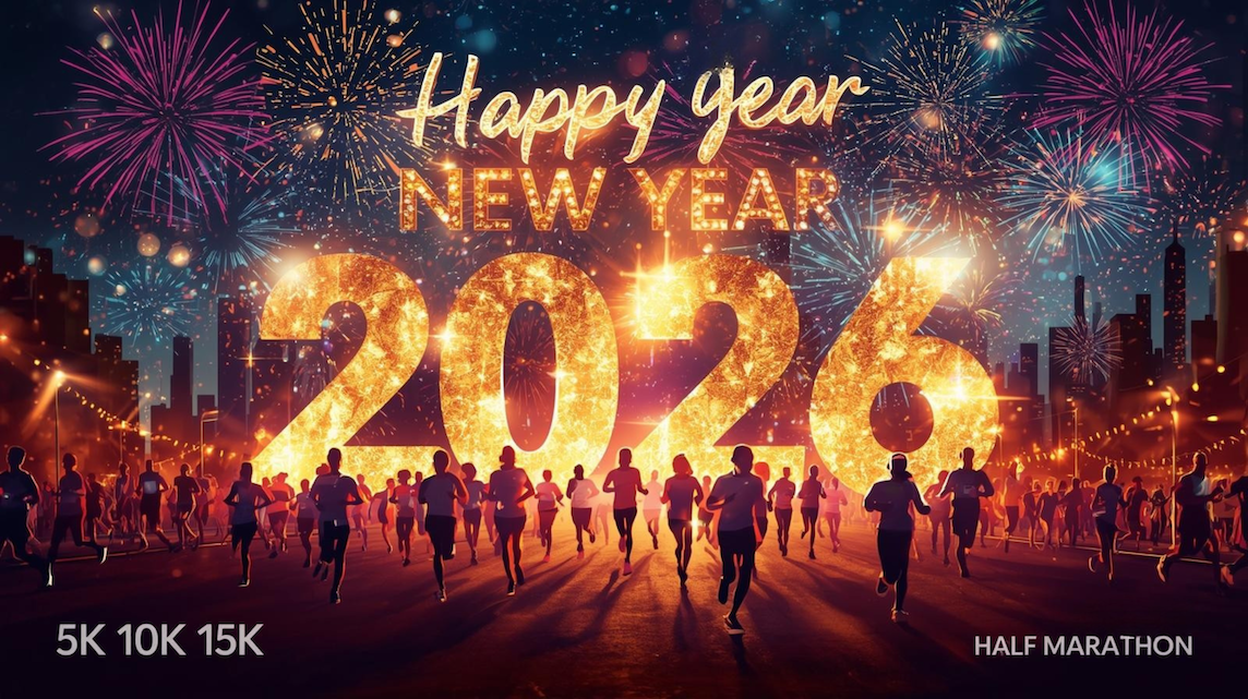 Runners participate in a night race as fireworks light up the city skyline, with large glowing text reading βHappy New Year 2026.β Event distances of 5K, 10K, and 15K, plus "Half Marathon," appear on the image.