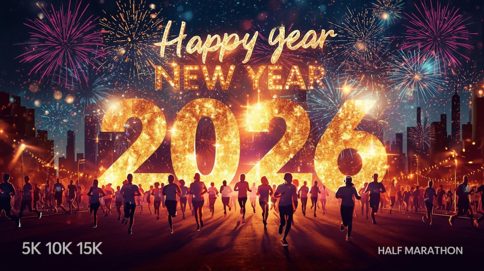 Runners participate in a night race as fireworks light up the city skyline, with large glowing text reading βHappy New Year 2026.β Event distances of 5K, 10K, and 15K, plus "Half Marathon," appear on the image.