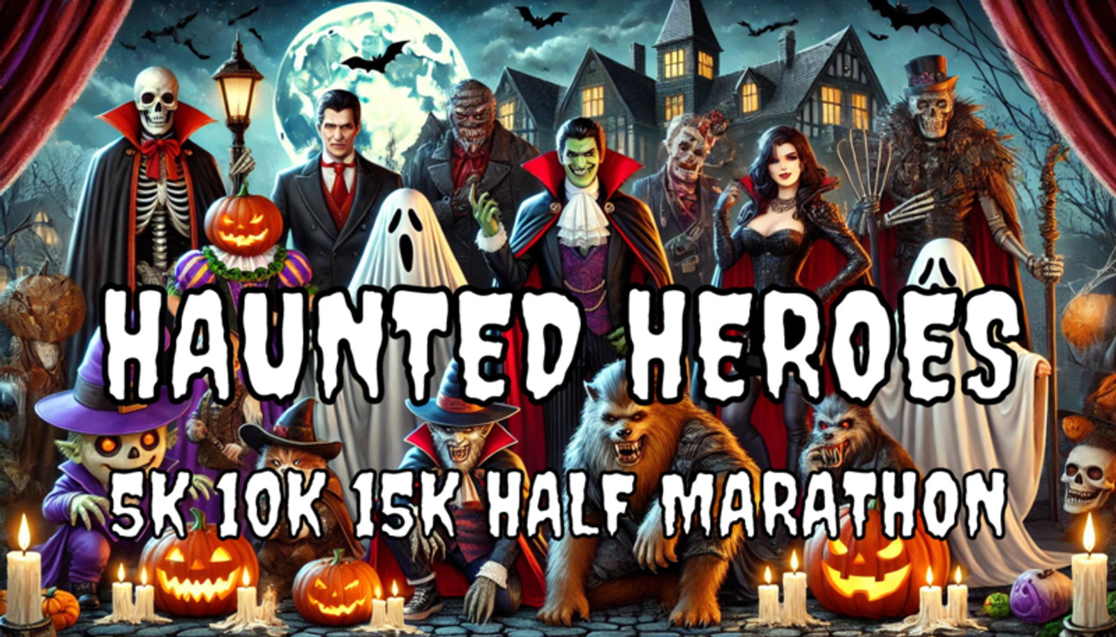 A group of people in Halloween costumes, including vampires, werewolves, witches, and ghosts, stand in front of a haunted house at night. The text reads: "Haunted Heroes 5K 10K 15K Half Marathon.