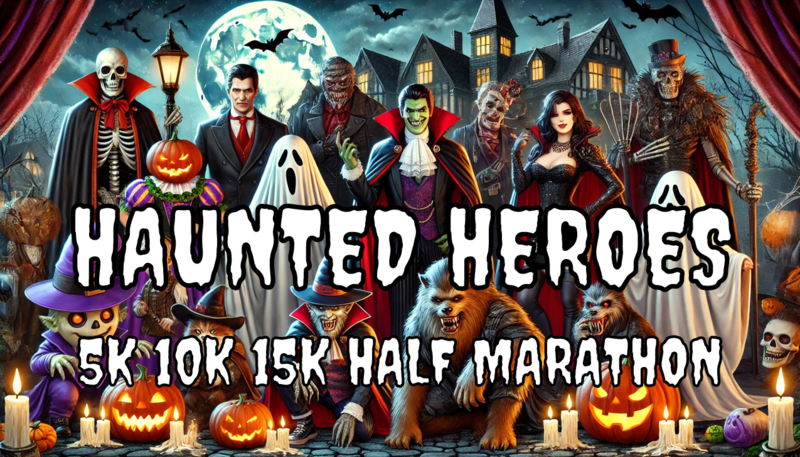 A spooky Halloween scene with people in monster and vampire costumes, jack-oβ-lanterns, and a haunted house. Text reads: βHaunted Heroes 5K 10K 15K Half Marathon.β Full moon and bats in the background.