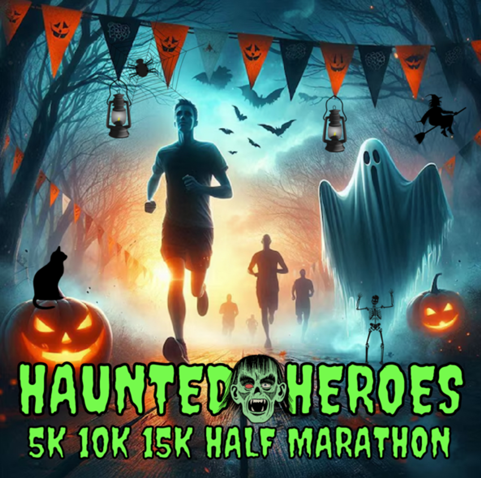 Runners silhouetted against a foggy, eerie background with jack-oβ-lanterns, ghosts, bats, and Halloween decorations. Text: βHaunted Heroes 5K 10K 15K Half Marathon.β.