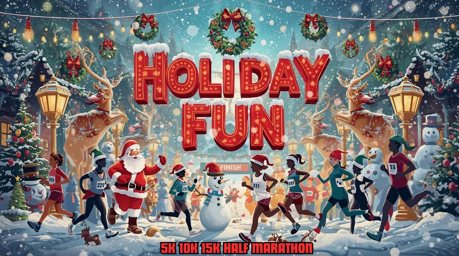 Colorful holiday race scene with runners in festive attire, Santa Claus, a snowman, reindeer, and Christmas decorations. Large “Holiday Fun” sign and “5K 10K 15K Half Marathon” text at the bottom. Snow is falling.