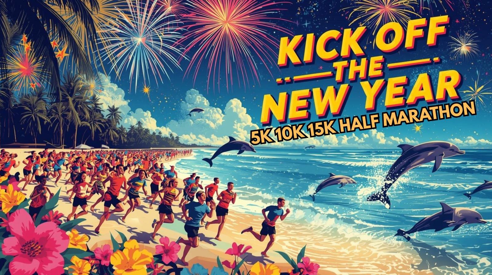 A vibrant New Yearβs beach scene shows runners racing along the shore, surrounded by flowers and palm trees, dolphins leaping from the ocean, and fireworks lighting up the sky. Bold text reads: βKick Off the New Year 5K 10K 15K Half Marathon.β.