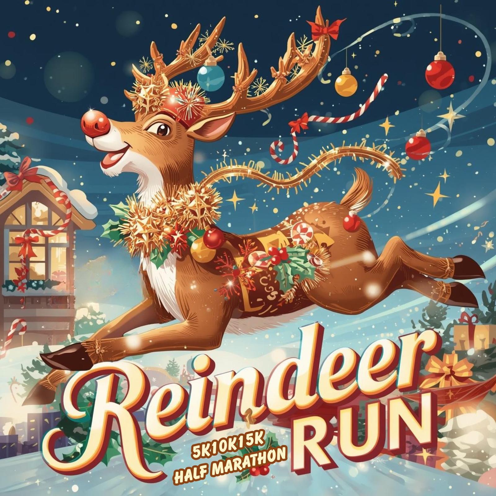 A festive reindeer decorated with ornaments and a holiday saddle joyfully runs through a snowy scene. Text reads "Reindeer Run 5K | 10K | 15K Half Marathon." Holiday decorations and gifts appear in the background.