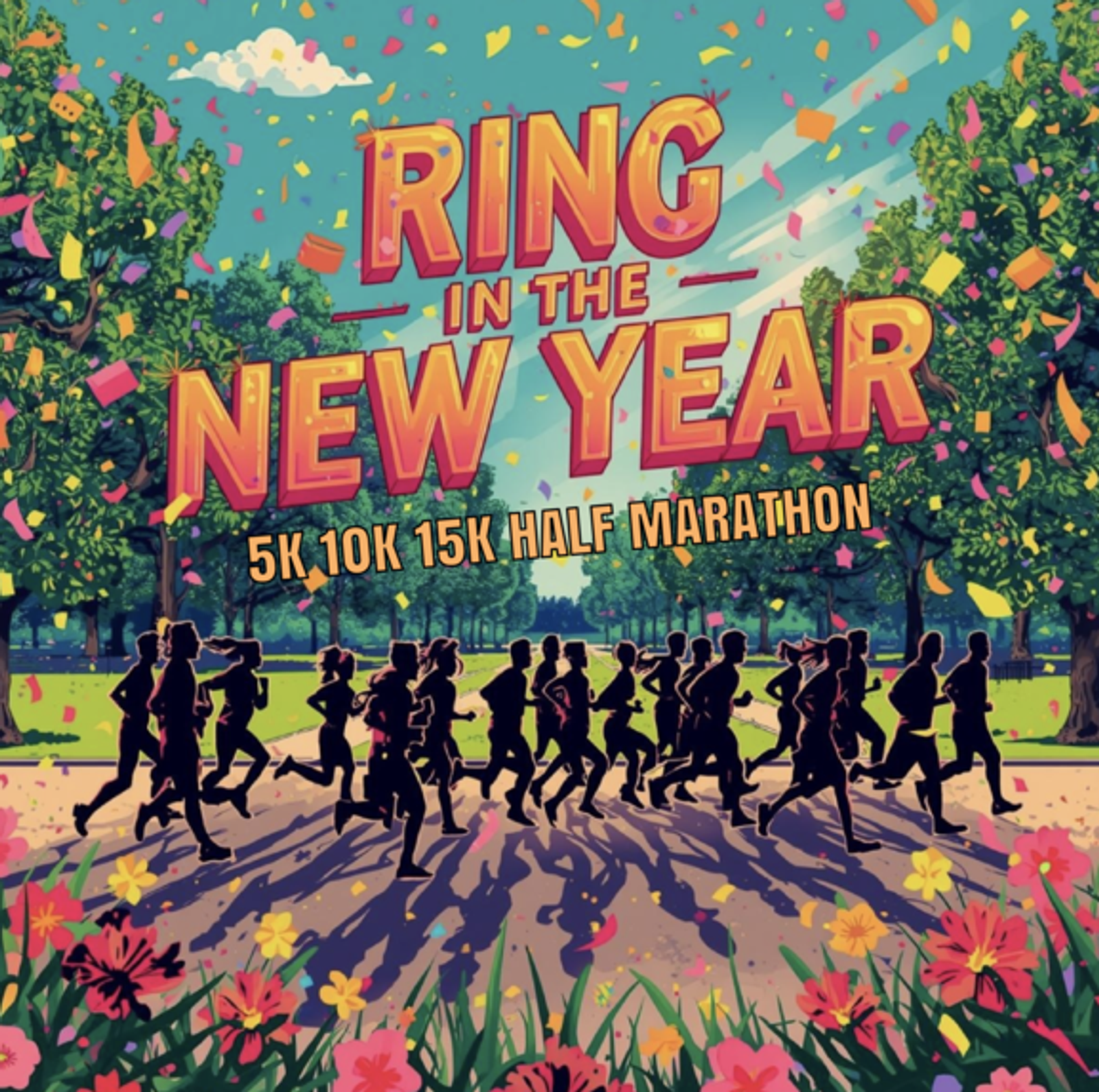A colorful illustration of runners in a park with confetti in the air and flowers in the foreground. Large text reads: “Ring in the New Year. 5K 10K 15K Half Marathon.”.