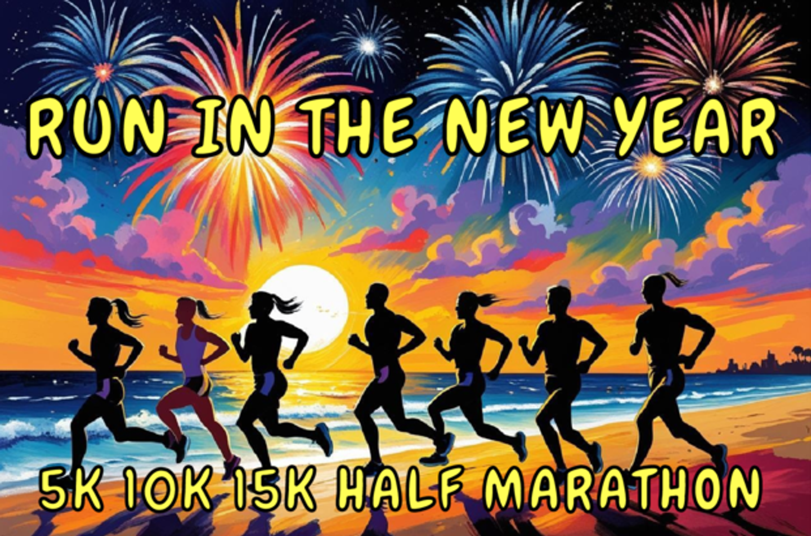 Silhouettes of runners on a beach at sunset with colorful fireworks overhead. Text reads: "Run in the New Year 5K 10K 15K Half Marathon.