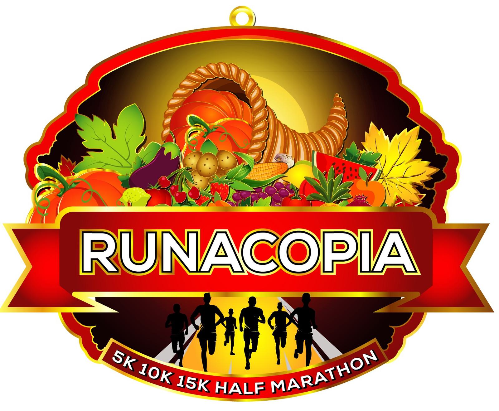 A colorful medal featuring a cornucopia filled with fruits and vegetables, the word "RUNACOPIA" in bold letters, and silhouettes of runners with "5K 10K 15K HALF MARATHON" written at the bottom.