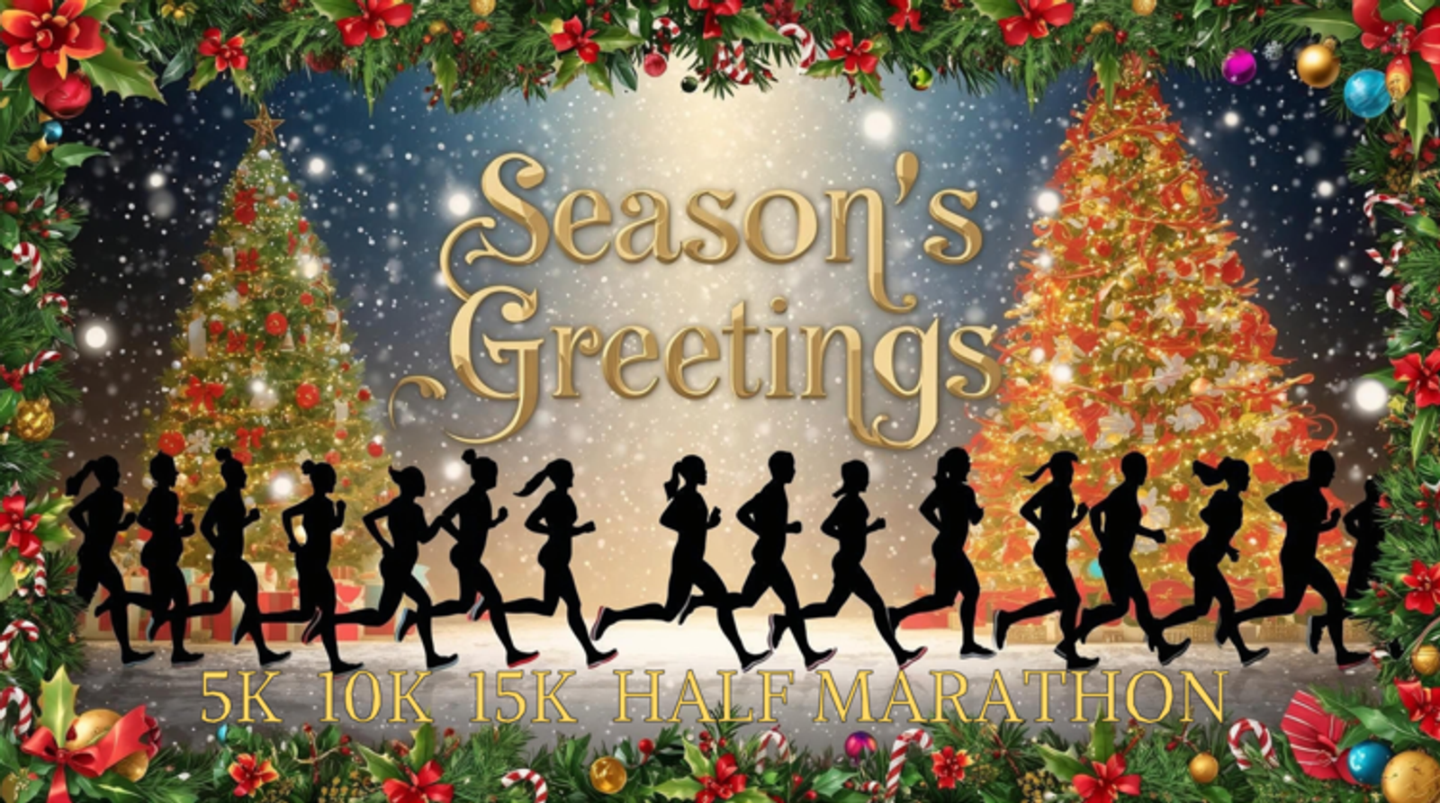 Festive holiday scene with decorated trees, garlands, and ornaments. Silhouettes of runners are in front of "Season's Greetings" text, with "5K 10K 15K Half Marathon" below in gold letters. Snowflakes fall in the background.